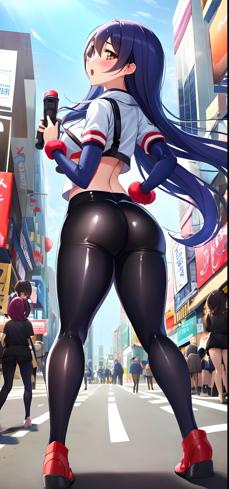 Sonoda umi, skin tight bodysuit,ass, behind, looking back at viewer,in street, crowd,big ass, embarrassed, surprised