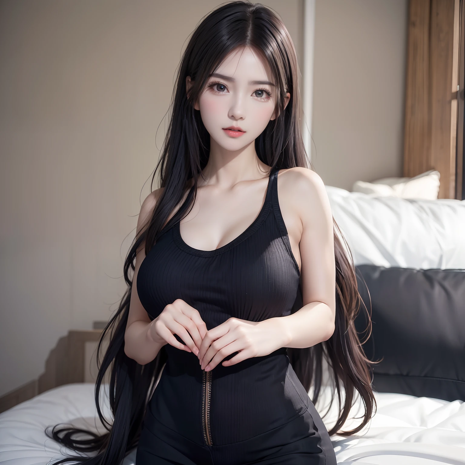 ((Top image quality、top-quality、Top resolution、hyper realistic photography、Full body photo、16k、))、Massive amount of black hair on the bed、ultra-long hair about 3 meters long,,,,、One adult woman、Very beautiful face、She has super long hair that covers her entire body、The longest black hair in the world、Long black hair clings to the whole body、