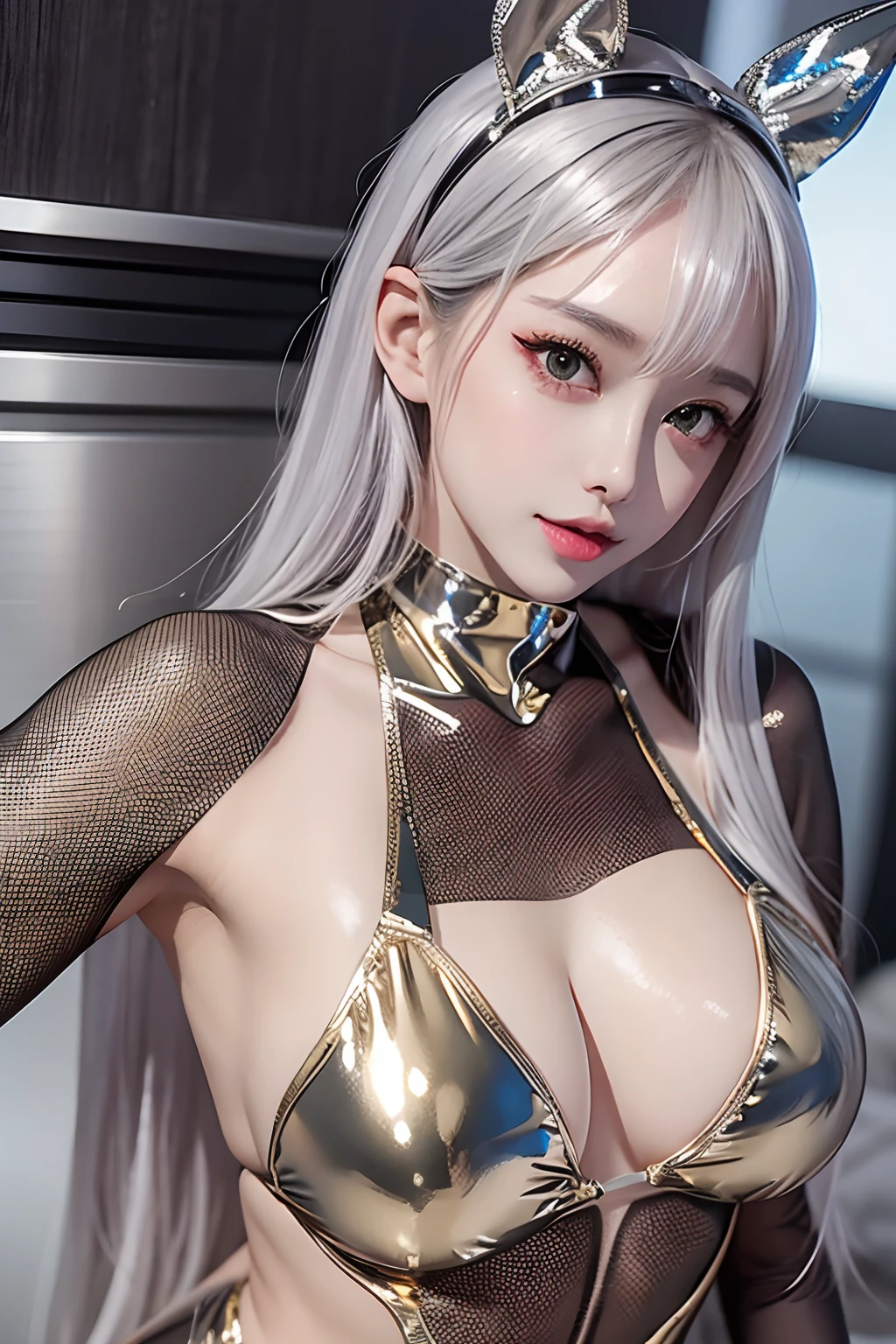 bunnygirl、Glossy silver lamé bodysuit and fishnet stockings, elegant body, In a silver one-piece swimsuit, Glossy silver bikini, goddess of Japan, shiny gold, Covered with shiny silver oil, Wet swimsuit, smooth silvery skin, shiny and metallic, latex shiny, glossy wet skin!!, shiny metallic glossy skin, shiny, shiny plastic bikini、camel's toe、Casino、serving customers