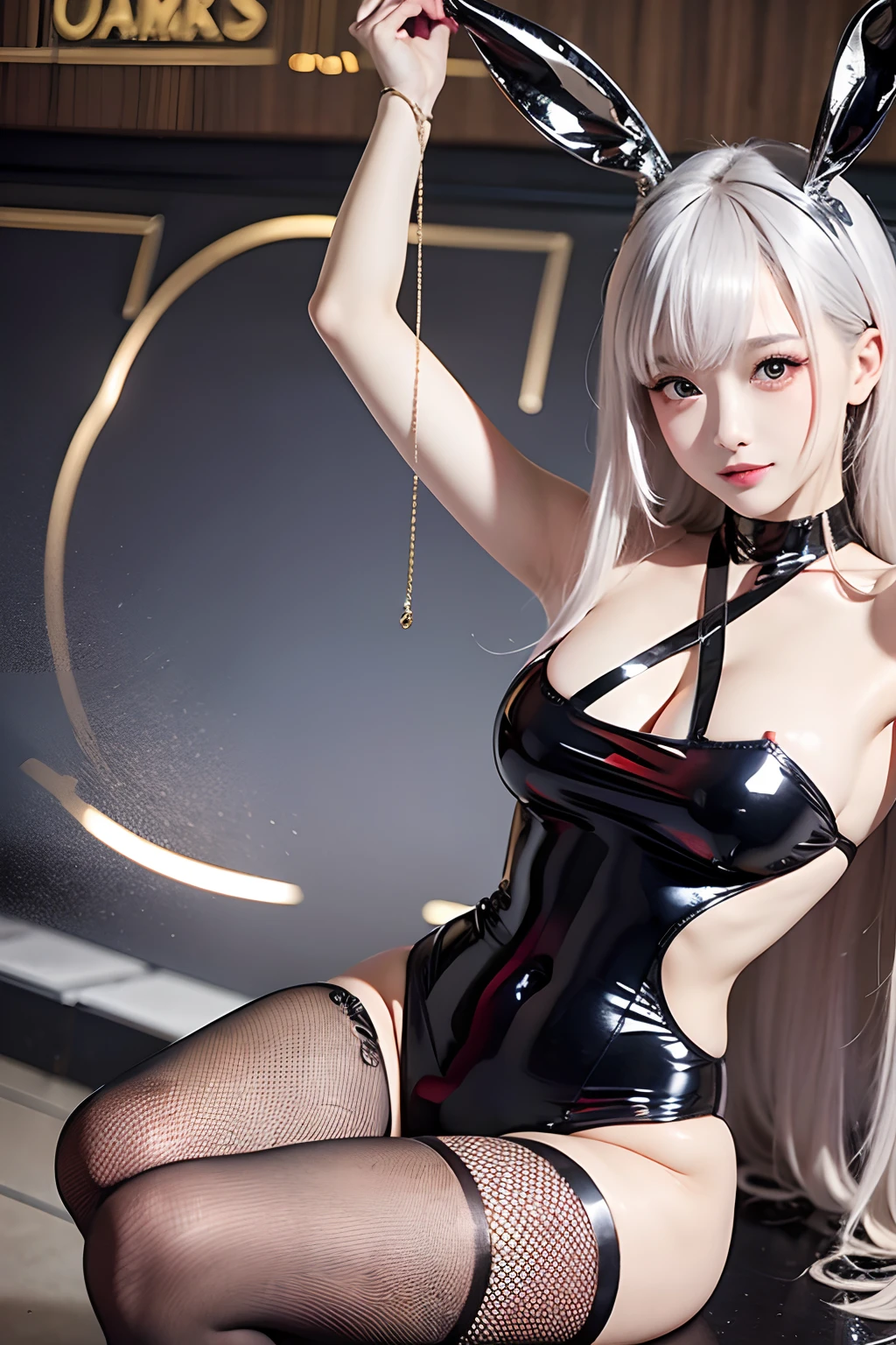 bunnygirl、Glossy silver lamé bodysuit and fishnet stockings, elegant body, In a silver one-piece swimsuit, Glossy silver bikini, goddess of Japan, shiny gold, Covered with shiny silver oil, Wet swimsuit, smooth silvery skin, shiny and metallic, latex shiny, glossy wet skin!!, shiny metallic glossy skin, shiny, shiny plastic bikini、camel's toe、Casino、serving customers