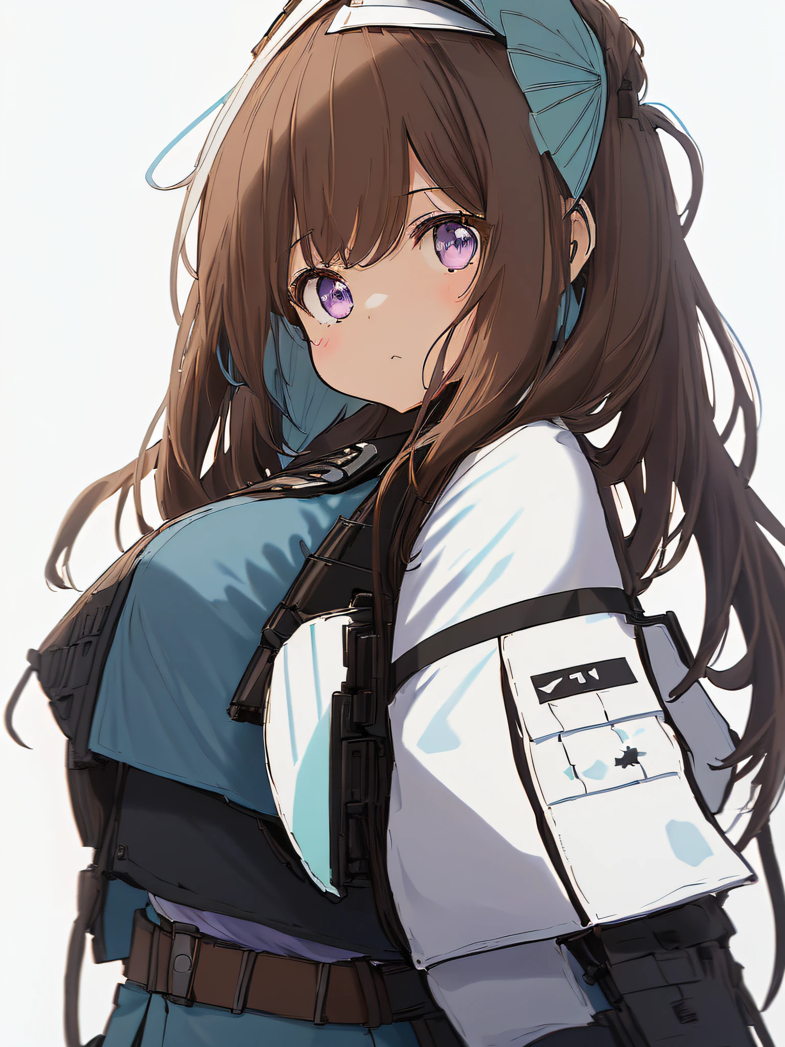 1girl, young girl, solo, a drawing of an android girl, (((****))), ((short height)), (breasts), (((long brown hair))), ((side parted front hair)), ((purple eyes)), shy expression, (((((black and light blue military officer uniform))))), ((ballistic vest)), ((fighter pilot gear)), ((((((white background)))))), (((no object decorations))), (standing towards viewer), (looking towards viewer), sci-fi, futuristic