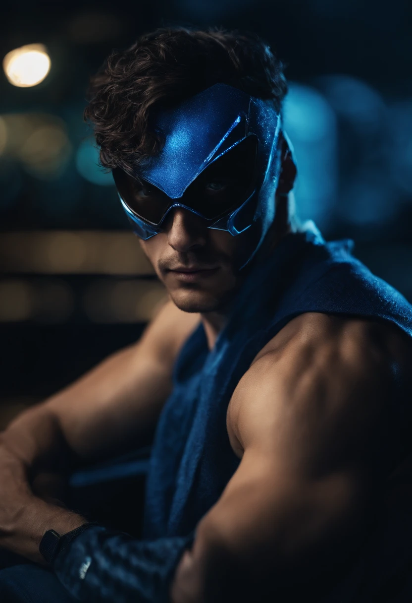 personagem masculino, de capuz, cyberpukneon azul, mascara, olhos de neon azul