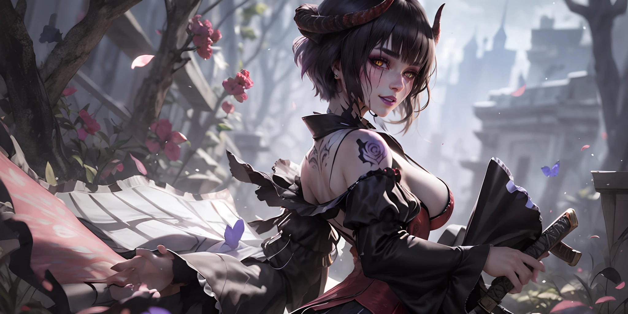 horns, makeup, tattoo, bug, insect, butterfly, blue_butterfly, butterfly_hair_ornament, sword, katana, hair_ornament, 1girl, katana, animal_print, butterfly_print, black_hair, solo, japanese_clothes, parted_bangs, twitter_username, looking_at_viewer, bangs, lips, short_hair, haori, long_sleeves, purple_hair, smile, uniform, wide_sleeves, petals, breasts, gradient_hair, holding_weapon, black_jacket, holding_sword,