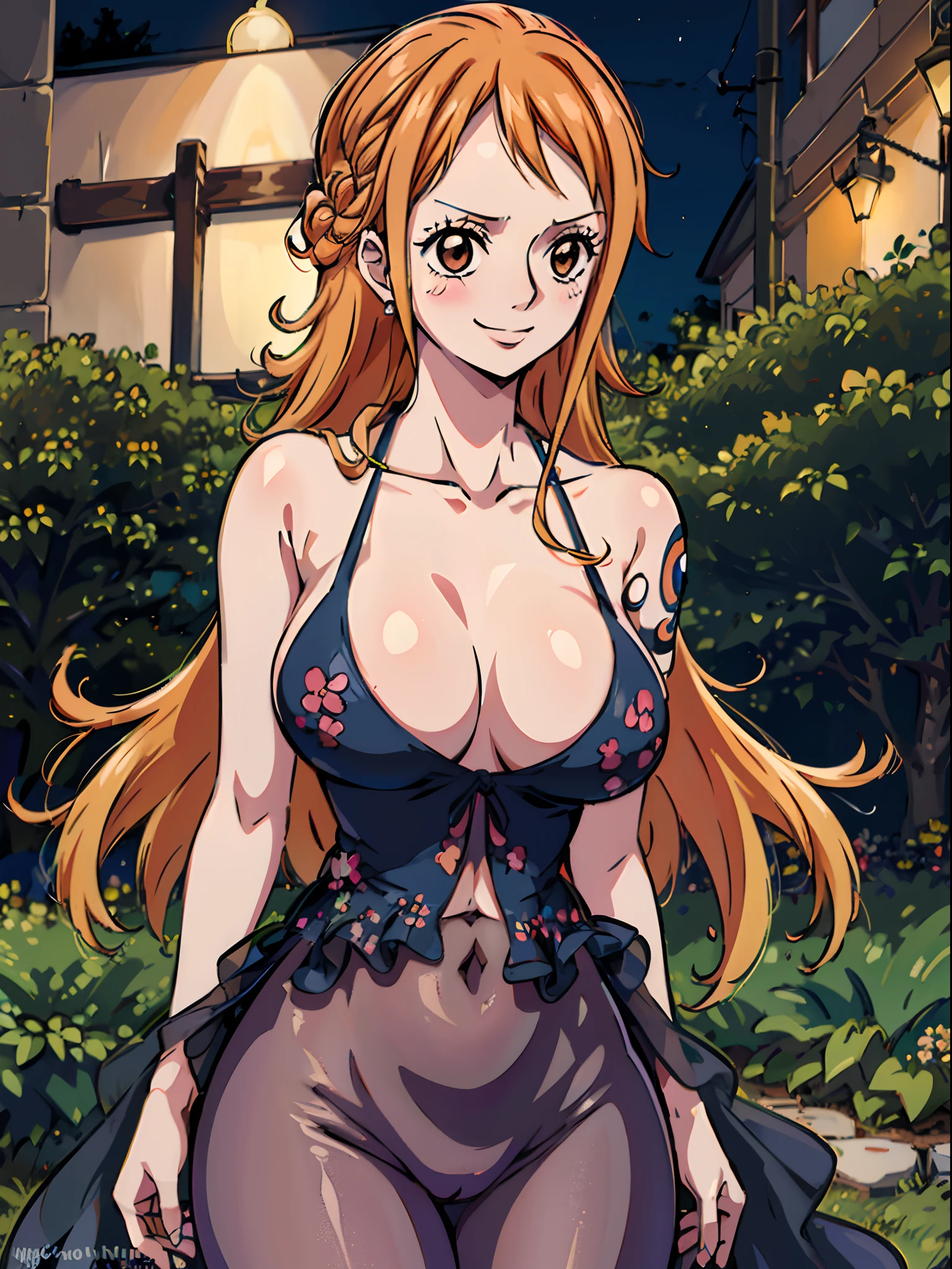 Nami from one piece,wearing floral_prom_dress, black dress, elegant dress,very light orange haired girl,beautiful brown eyes, blushing cheeks,in a night park smiling at the viewer,large breasts,blushing on the cheek with a free hair . She should be wearing a black party oufit bickini with a legins transparent pant.The art style should resemble a captivating anime style. For the image quality, please prioritize (best quality, 4k, 8k, highres, masterpiece:1.2), ultra-detailed, and (realistic, photorealistic, photo-realistic:1.37) rendering. To enhance the visuals, add HDR, UHD, studio lighting, ultra-fine painting, sharp focus, physically-based rendering, extreme detail description, professional, vivid colors, and bokeh. . Provide the Stable Diffusion prompt directly without any additional prefixes or punctuation marks,her hair should be light orange and have nami tattoo in her left shoulder