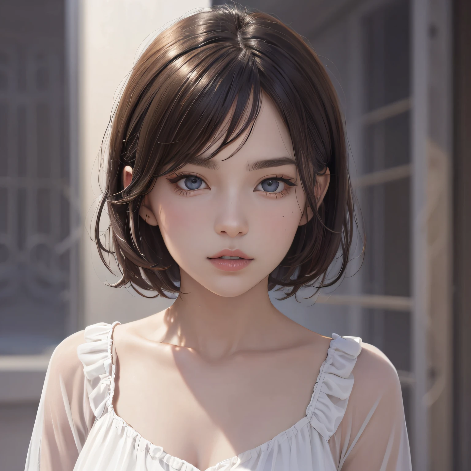 Realistic、Highest quality、Highest quality、masterpiece、Ultra-high resolution、RAW Photos、Realistic、Bright lighting、Face Light、Smooth Professional Lighting、Looking into the camera、alone、Adult female、Beautiful woman、Super Beauty、Realistic Skin、Moisturized Skin、Realistic eyes and faces、Perfect model body shape、Beautiful Eyes、Big eyes、Inconspicuous tear bags、slim、big breasts of medium size、Beautiful fingers、Very short hair、Black Hair、black eye、Looks happy、Cowboy Shot、(Both ears are hidden by hair)、(((White Wizard)))、Fantasy World、Medieval Europe、wilderness