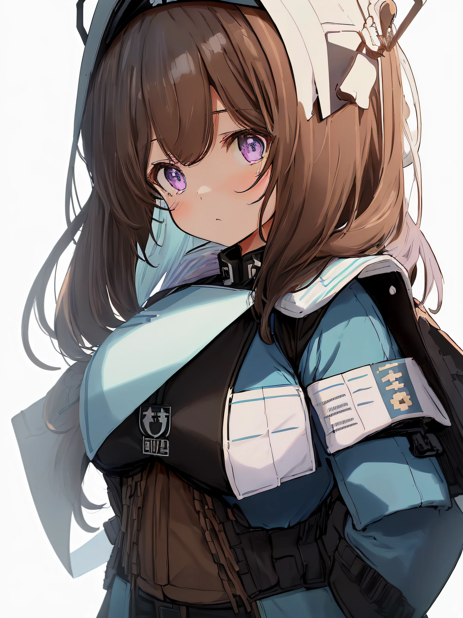 1girl, young girl, solo, a drawing of an android girl, (((li))), ((short height)), (breasts), (((long brown hair))), ((side parted front hair)), ((purple eyes)), shy expression, (((((black and light blue military officer uniform))))), ((ballistic vest)), ((fighter pilot gear)), ((((((white background)))))), (((no object decorations))), (standing towards viewer), (looking towards viewer), sci-fi, futuristic