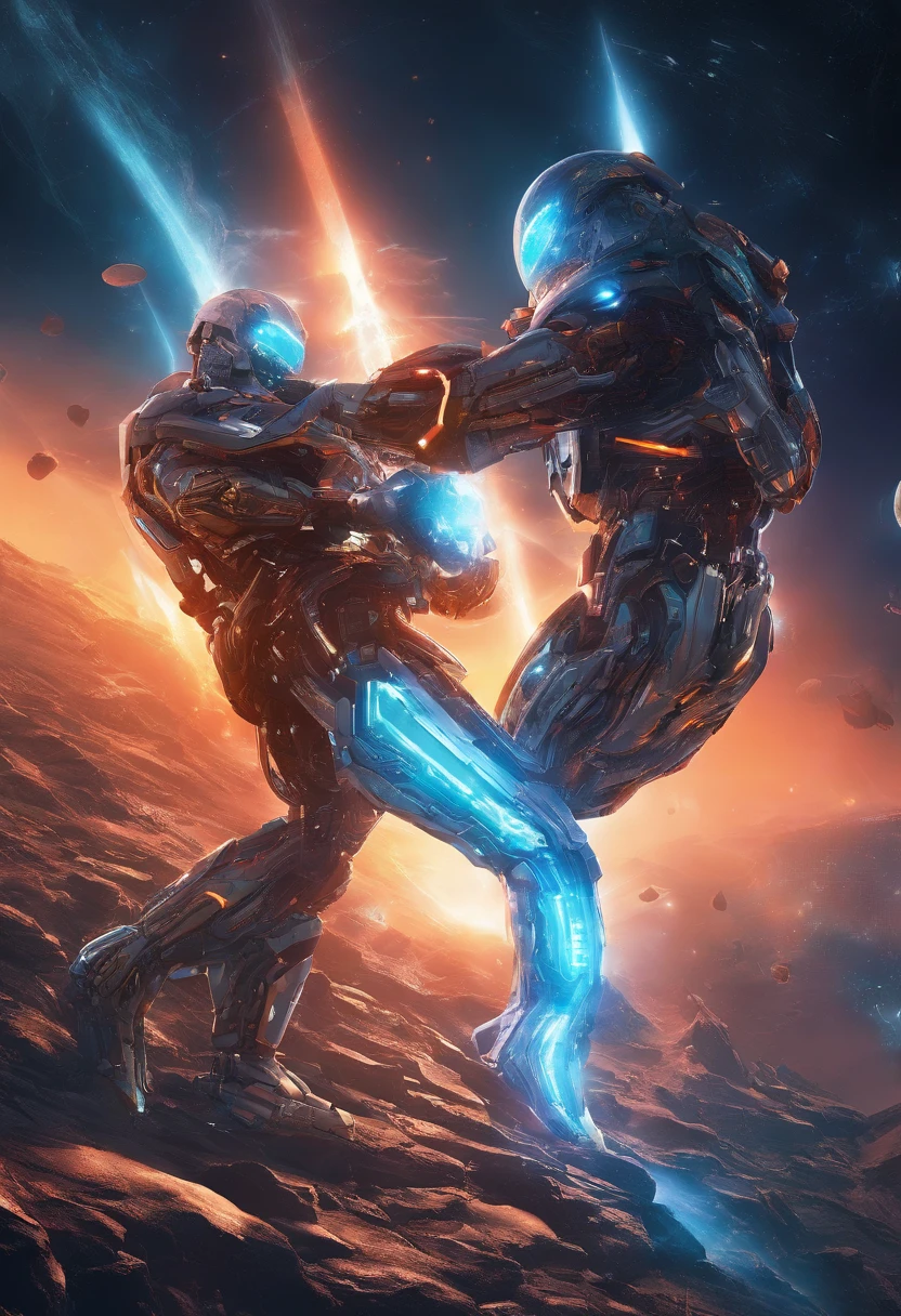A pair of glowing metal fists,It is set with a variety of precious stones,Bump into each other,Biomechanical, Very bright colors, Light particles, with light glowing, Orange Blue Showdown, wallpaper art, UHD wallpaper,Fists collide with each other