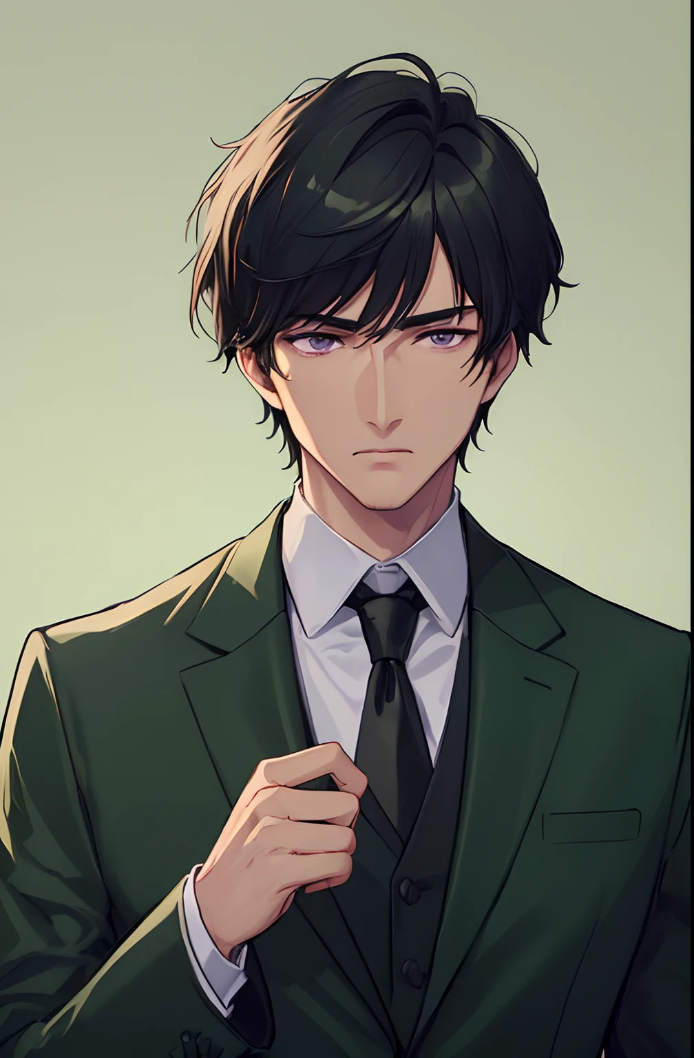 kk, best quality, more details, masterpiece, 1man, 30 years old, male focus, solo, green background, bangs,An assassin man in a black hooded suit, Half-face mask, purple eyes, sharp look, short hair, black hair, collared shirt, looking at viewer, giggle, luxurious, 8k, detailed, ray tracing, depth of field, cinematic lighting, brown and green, Simple green lines, simplified.
