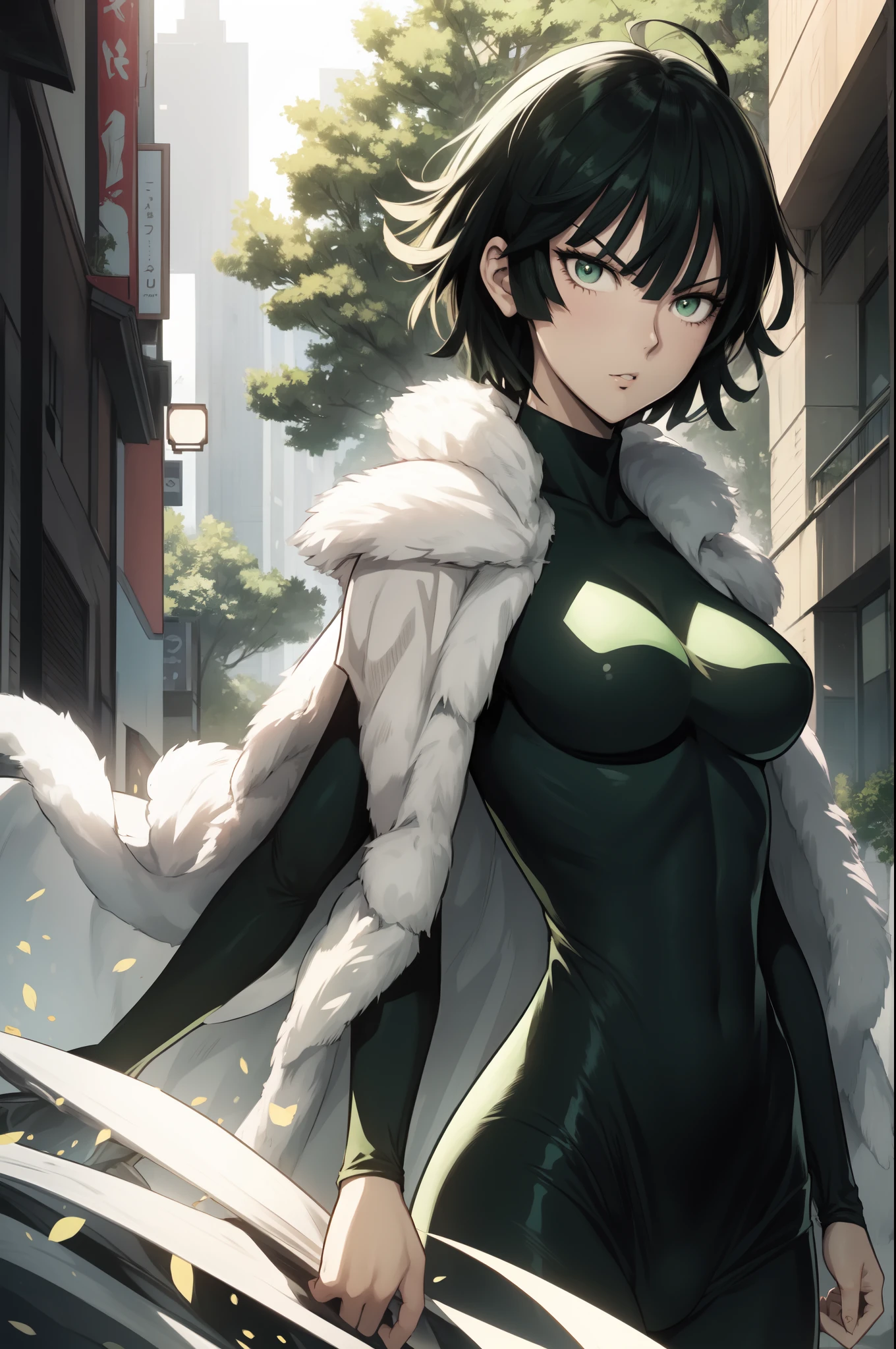 One punch man art style, yusuke murata art style, fubuki from one punch man, green eyes, short deep green hair, wearing black bodysuit, standing on a city street, matured face, blushing, joyful expression, dynamic pose,