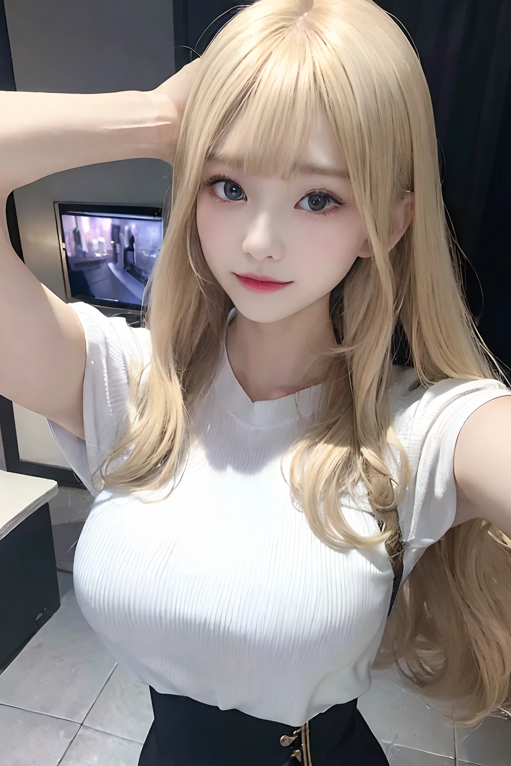 ((top-quality、8K、​masterpiece:1.3))、女の子1人、Slender beauty:1.3、(Blonde longhair、爆乳:1.2)、Tight shirt:1.1、hyperdetailed face、A detailed eye、二重まぶた、The whole picture、selfee