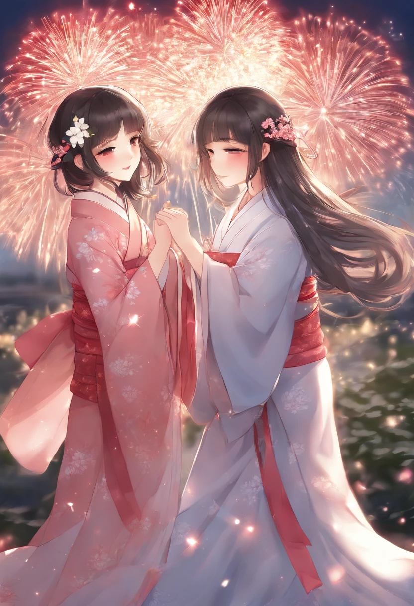 two girls are showing each other their hands under fireworks and stars backdrop, fireworks, blue eyes, kimono, multiple girls, japanese clothes, smile, 2girls, flower, hair flower, closed mouth, long hair, aerial fireworks, hair ornament, holding hands, sash, obi, black hair, bangs, white kimono, wide sleeves, blush, interlocked fingers, white flower, hair between eyes, pink kimono, print kimono, grey hair