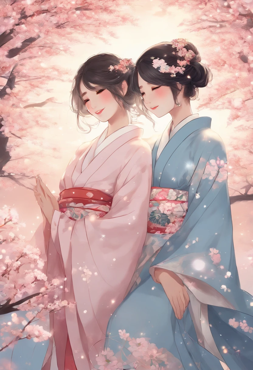 two girls are showing each other their hands under fireworks and stars backdrop, fireworks, blue eyes, kimono, multiple girls, japanese clothes, smile, 2girls, flower, hair flower, closed mouth, long hair, aerial fireworks, hair ornament, holding hands, sash, obi, black hair, bangs, white kimono, wide sleeves, blush, interlocked fingers, white flower, hair between eyes, pink kimono, print kimono, grey hair