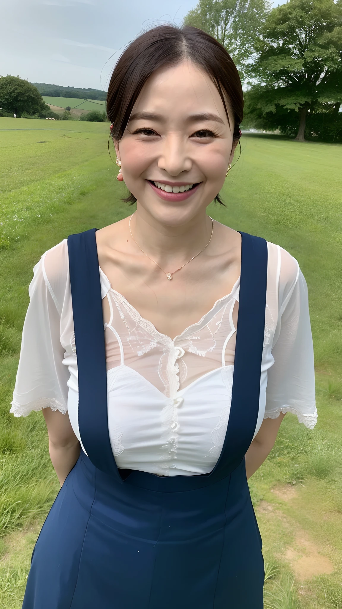((top-quality、8K、masterpiece:1.3))、foco nítido, high-level image quality, hight resolution, Portrait, Solo, rural China, Middle-aged woman, rural area, 48yo, Plump, Wrinkles at the corners of the eyes, Bewitching look, Wet, Raw feet、Shorthair、Mouth open、Laughing、Saggy breasts、mare、Colossal tits、Frolicking、piercings, rural China, Middle-aged woman, rural clothes in northern china standing in a field, Sexy figure,big breasts