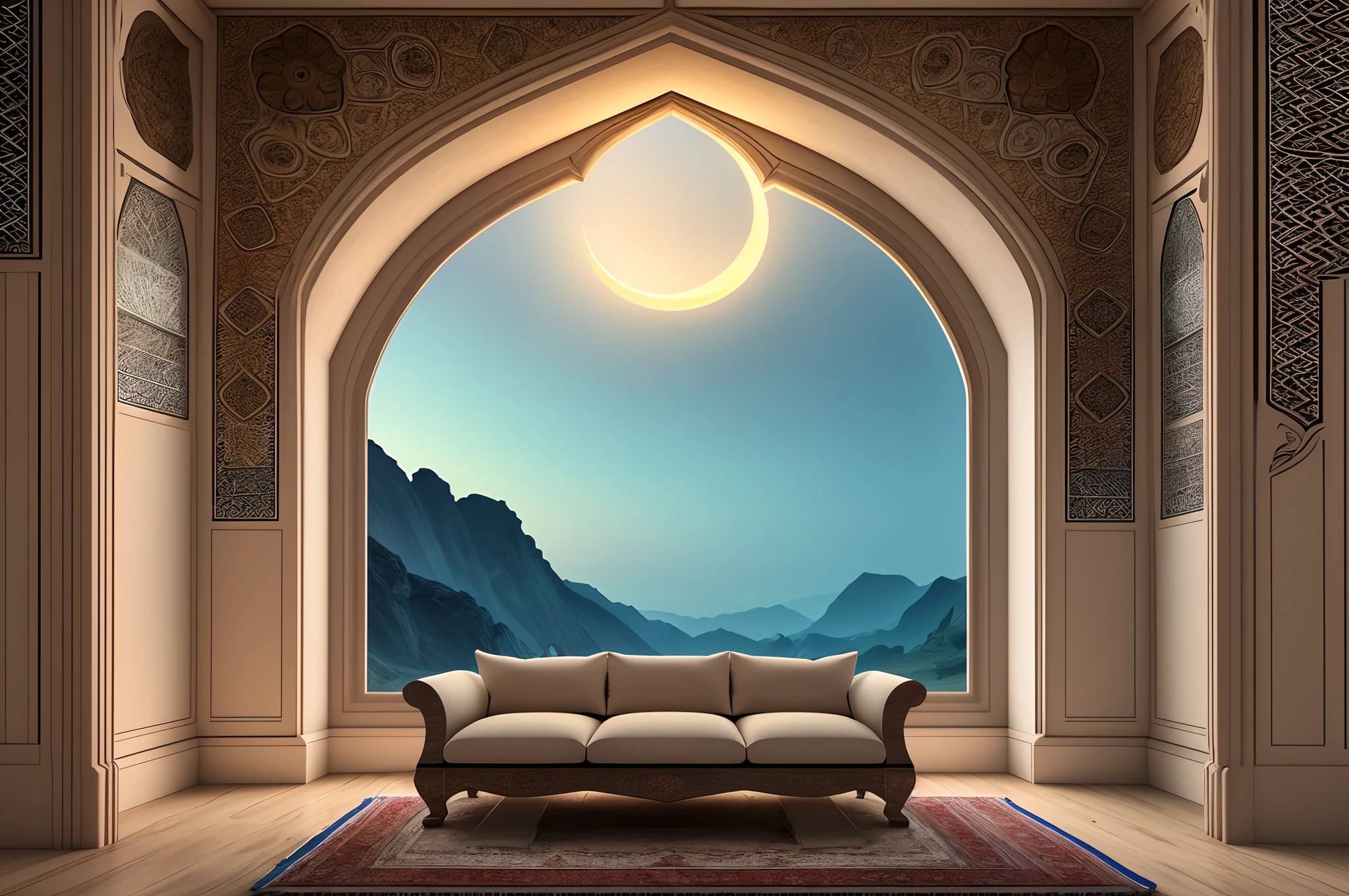 Inside view of a beautiful interior desiged mosque window sun's rays falls( morden furnished with new couch)
Also a 3d glowing half curve moon in the centre of room
At the one side of a ancient Persian table and an Aladdin magic lamp on it --auto --s2