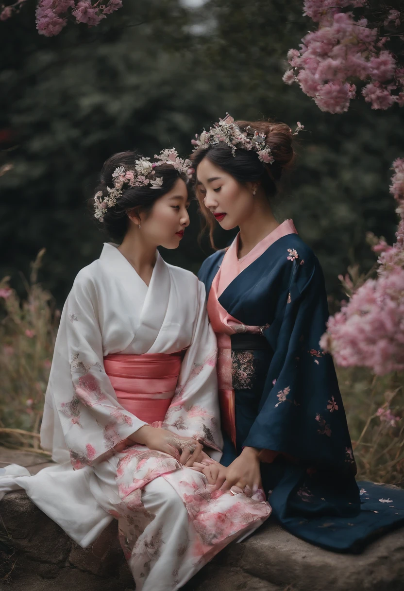 two girls are showing each other their hands under fireworks and stars backdrop, fireworks, blue eyes, kimono, multiple girls, japanese clothes, smile, 2girls, flower, hair flower, closed mouth, long hair, aerial fireworks, hair ornament, holding hands, sash, obi, black hair, bangs, white kimono, wide sleeves, blush, interlocked fingers, white flower, hair between eyes, pink kimono, print kimono, grey hair