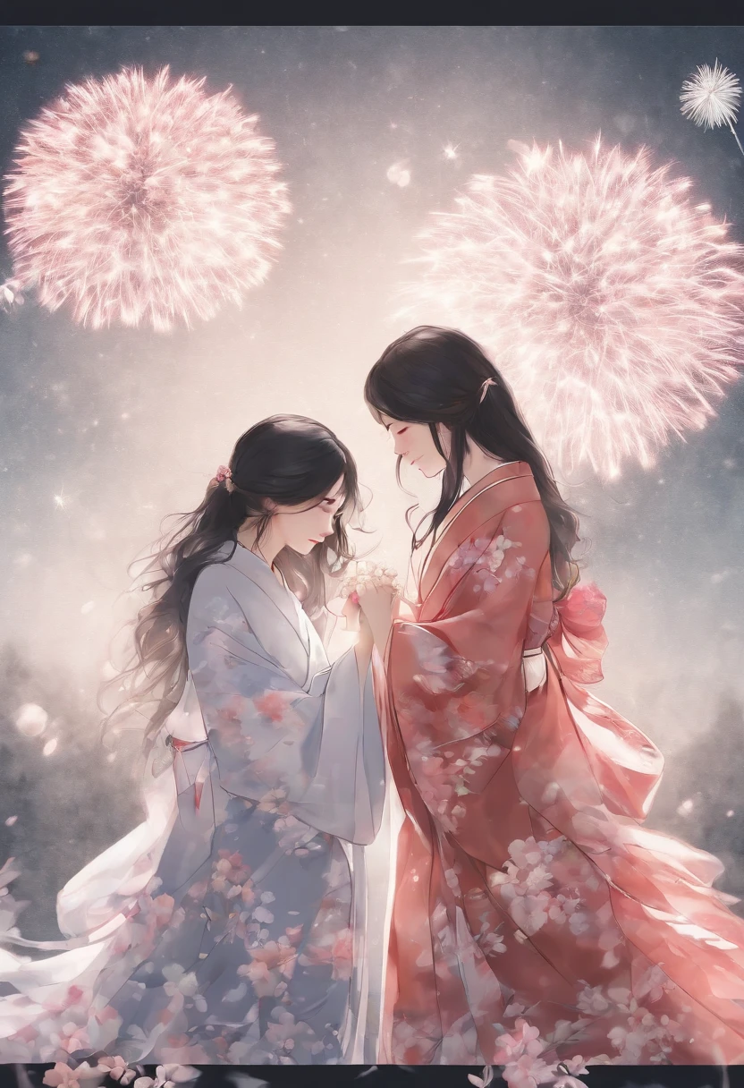 two girls are showing each other their hands under fireworks and stars backdrop, fireworks, blue eyes, kimono, multiple girls, japanese clothes, smile, 2girls, flower, hair flower, closed mouth, long hair, aerial fireworks, hair ornament, holding hands, sash, obi, black hair, bangs, white kimono, wide sleeves, blush, interlocked fingers, white flower, hair between eyes, pink kimono, print kimono, grey hair
