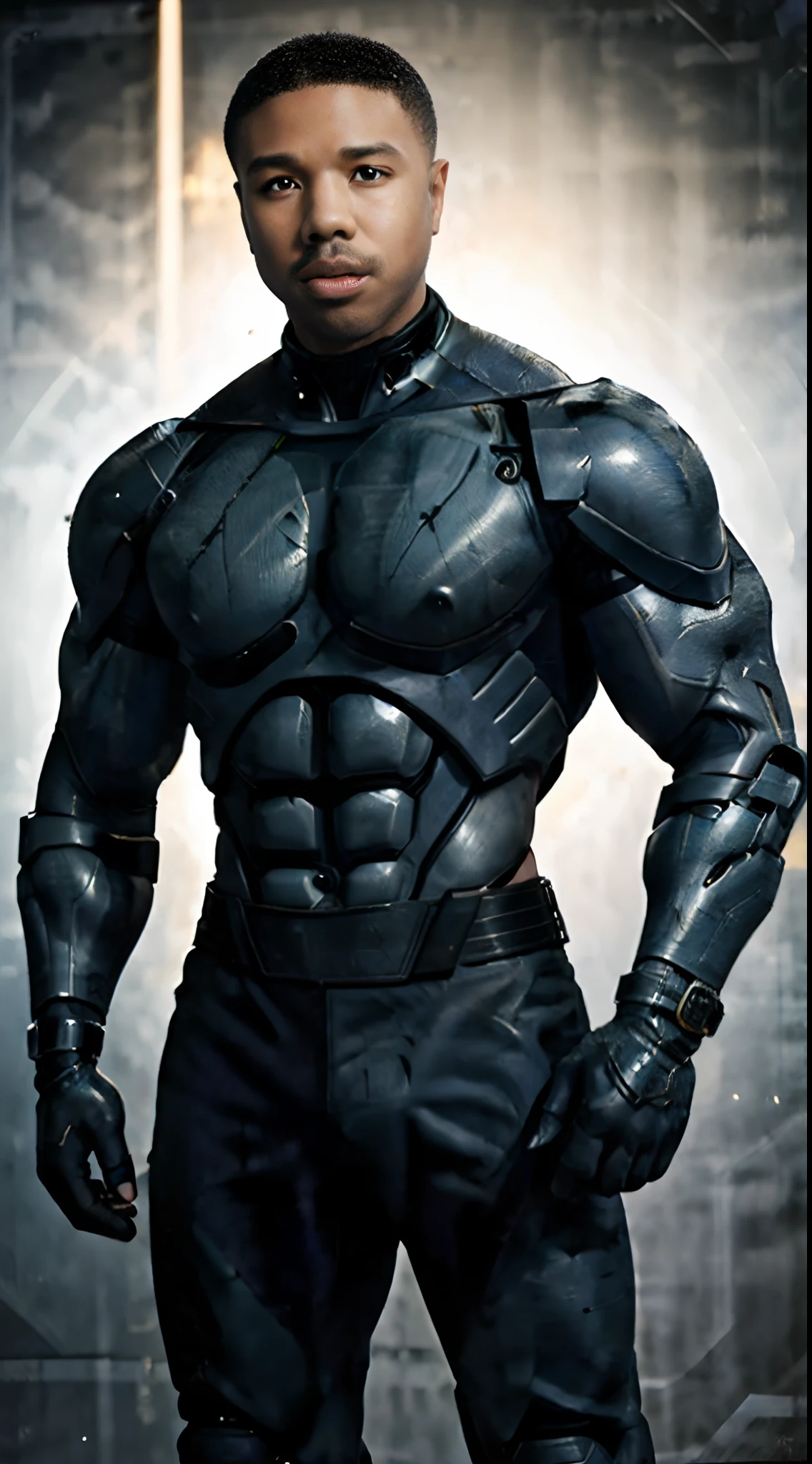 actor ((Michael B. Jordan)) as Jackson Briggs from Mortal Kombat, special forces soldier, ((cybernetic arms and hands)), muscular, imposing figure, military-style clothing, ((in a gym)), intricate, high detail, sharp focus, dramatic, photorealistic painting art by greg rutkowski