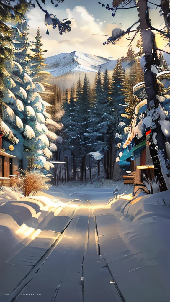 (best quality,4k,highres:1.2),winter landscape,snow-capped mountains,tall pine trees,sumi-e painting,tranquil atmosphere,details of falling snow,subtle shades of blue and white,warm sunlight peeking through the clouds,layers of snow on the ground,crisp and cold air,peaceful serenity.