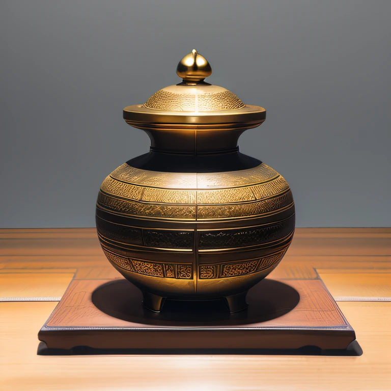 Antique artifacts，The bottle is placed on a boxwood table，Total height 28 cm，There is a lid on it，The buckle is tight，The shape of this gold, platinum, copper bottle，It resembles a copper cleaning bottle unearthed by the shrine monk Tataki，It can be concluded that it is a relic of the Tang Dynasty，Full work, Full of patterns, No text，Forged hammer pattern，Big belly，oguchi，sedate，massiness，Shiny and warm