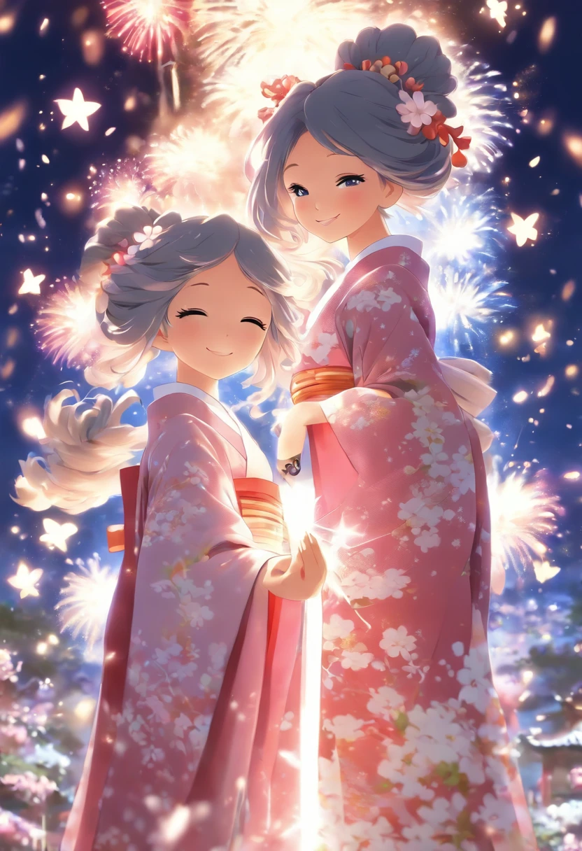 two girls are showing each other their hands under fireworks and stars backdrop, fireworks, blue eyes, kimono, multiple girls, japanese clothes, smile, 2girls, flower, hair flower, closed mouth, long hair, aerial fireworks, hair ornament, holding hands, sash, obi, black hair, bangs, white kimono, wide sleeves, blush, interlocked fingers, white flower, hair between eyes, pink kimono, print kimono, grey hair