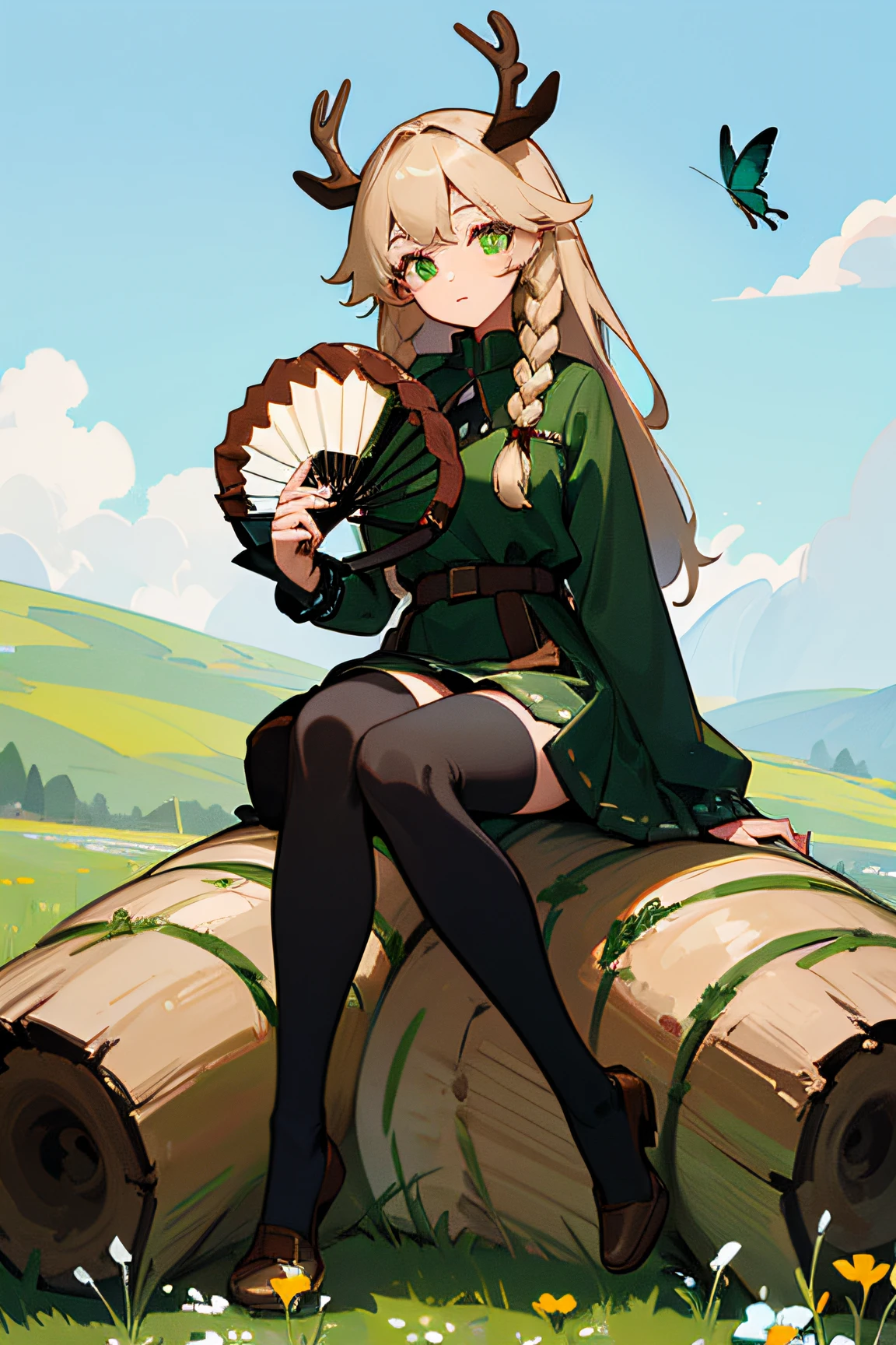 Masterpiece,high quality,8k,ultra sharp,detailed,full body,1girl,antler,giant antler,brown braided hair,long hair,braid,green eye,black legging,legging,leg warmer,foot warmer,green eyes,beautiful eyes,sitting on log,holding fan,meadow,blue sky,flowers,butterfly,sparrow,skirt,green and black skirt,(caribou antler),(leg warmer sock),(norway style dress)