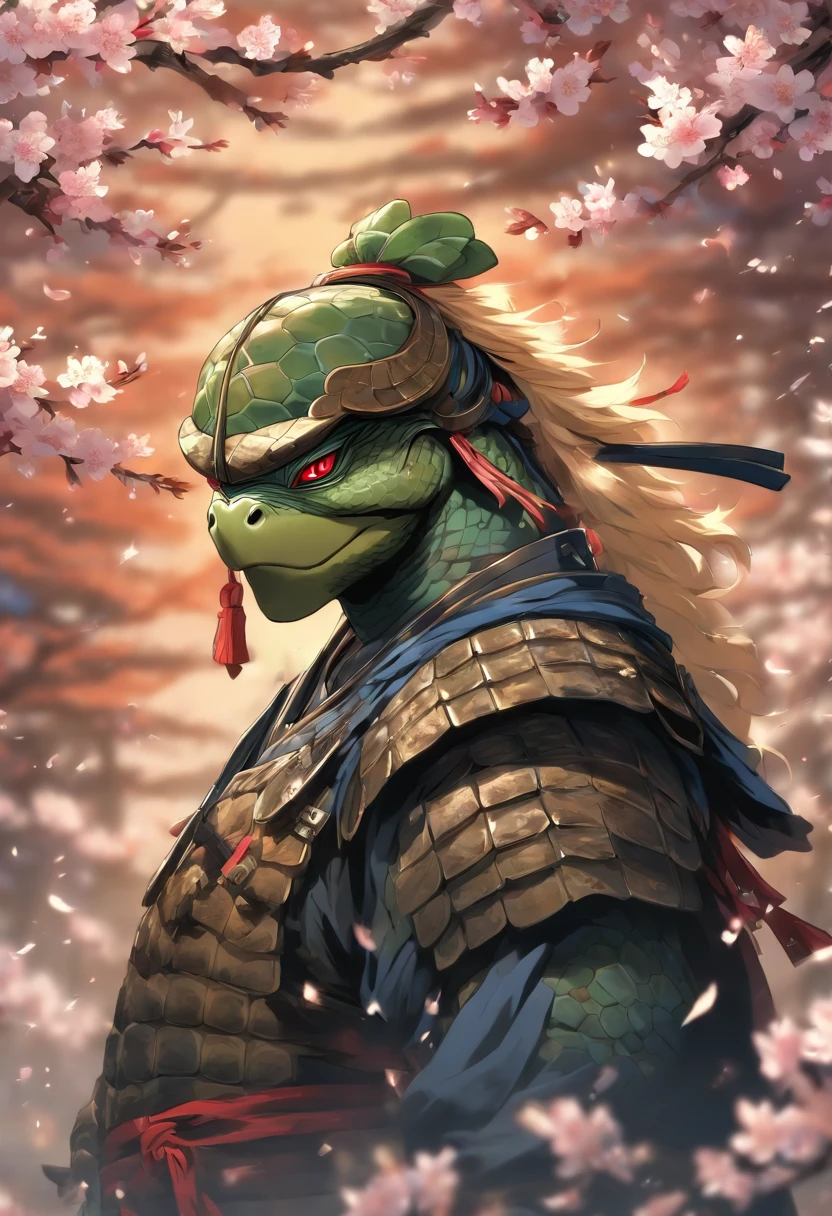 The most brave and noble turtle samurai warrior, blonde hair, blue eyes, incredibly detailed black samurai armor with mounted sashimono war flag, cherry blossoms blowing in the wind, perfect masterpiece, high quality, high resolution
