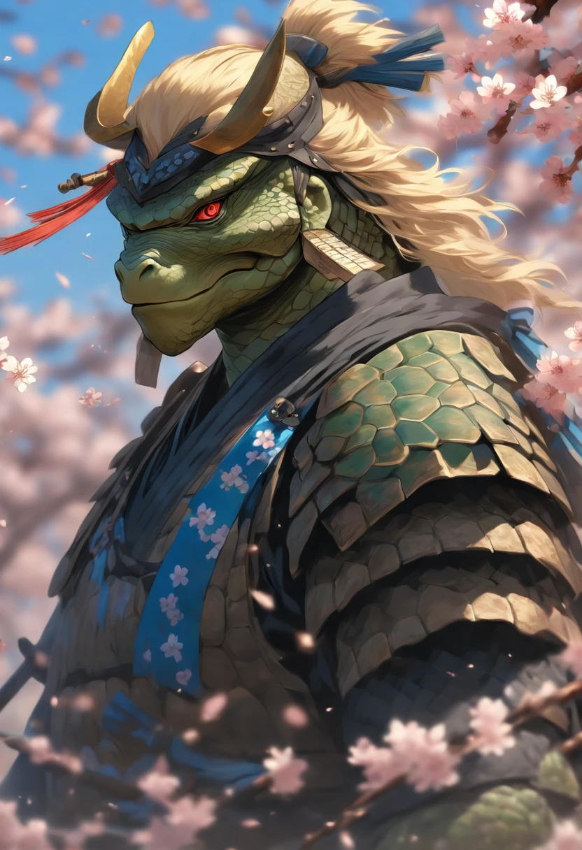 The most brave and noble turtle samurai warrior, blonde hair, blue eyes, incredibly detailed black samurai armor with mounted sashimono war flag, cherry blossoms blowing in the wind, perfect masterpiece, high quality, high resolution