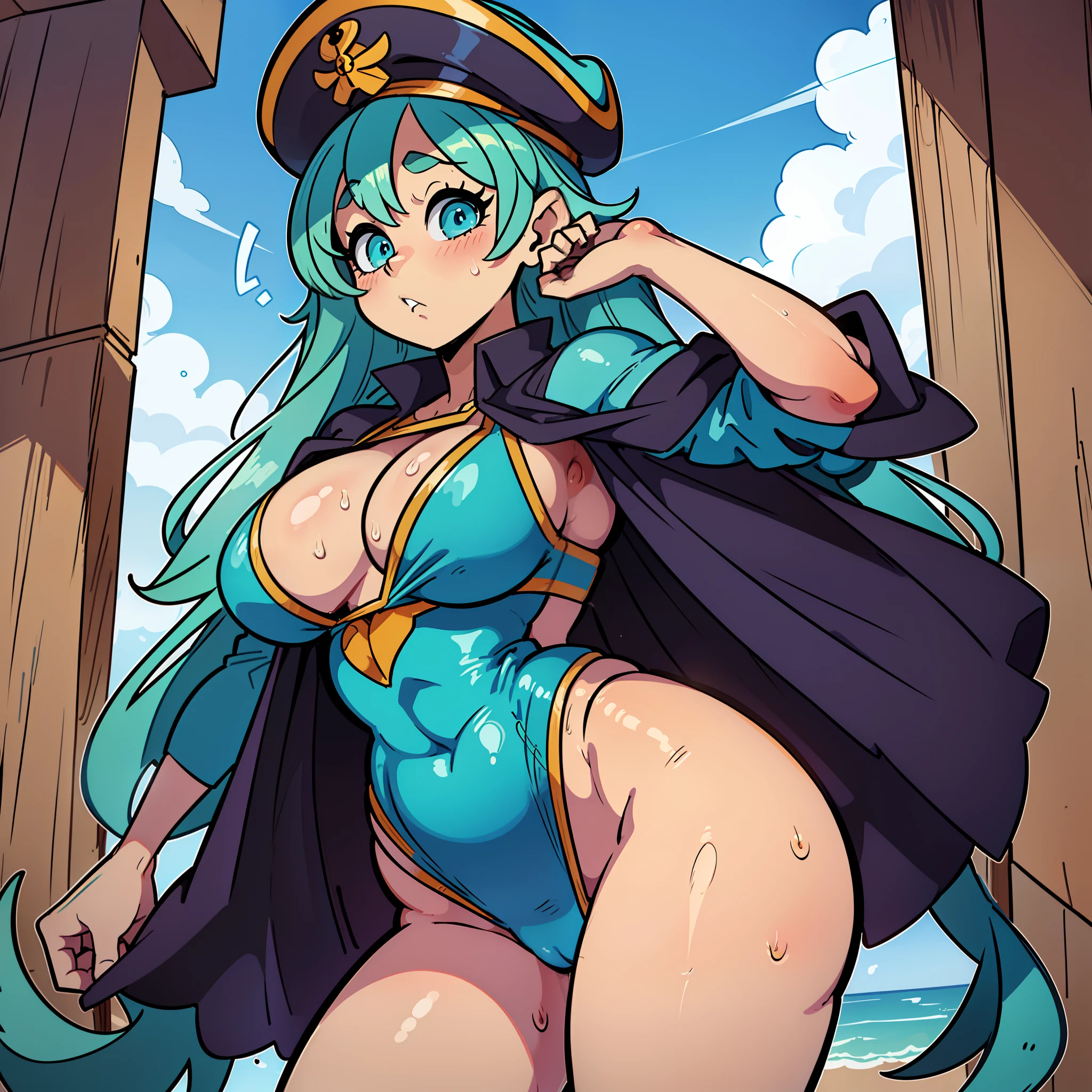 Masterpiece, cute girl, pixar studio, , wearing a light green one-piece-bikini, long blue hair, sweating, muscular, smooth and glowing body, thin thighs wide , sea captain,  captain hat, captain cape,