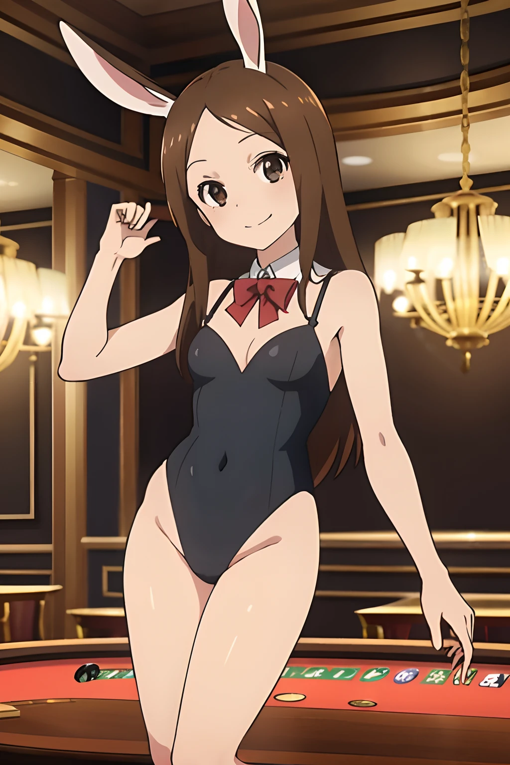(Realistic),(Photorealistic),Takagi_San, 1girl in, Long hair,((Katyusha with rabbit ears)), Brown hair, Part bangs, Brown eyes, Forehead, ((Black swimsuit)),((White rabbit tail)),((Black fishnet stockings)),((Red high heels)), Smile, Looking at Viewer,masutepiece,Full body, Best Quality, (Colorful),volumatic light, Ray tracing,the Extremely Detailed CG Unity 8K Wallpapers,Smile,((The background is a casino in Monaco)),Chandelier Light,Fantastic