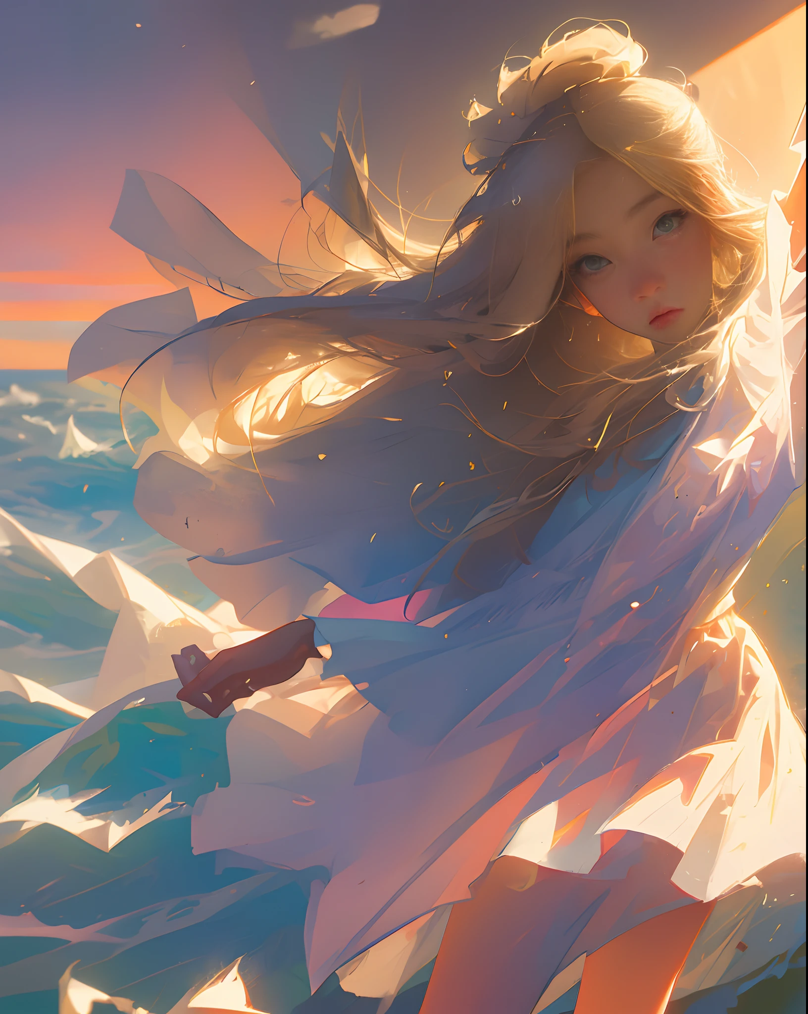 beautiful girl seaside sunrise blonde tulle