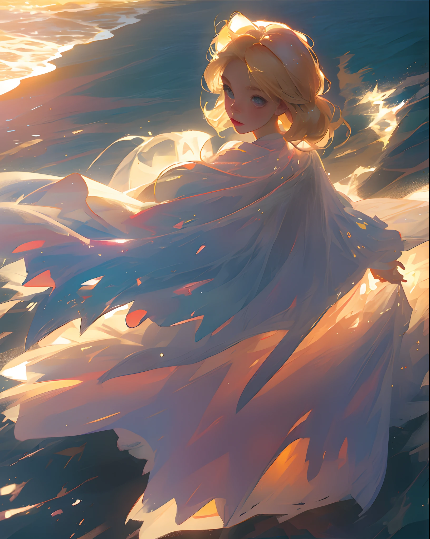beautiful girl seaside sunrise blonde tulle