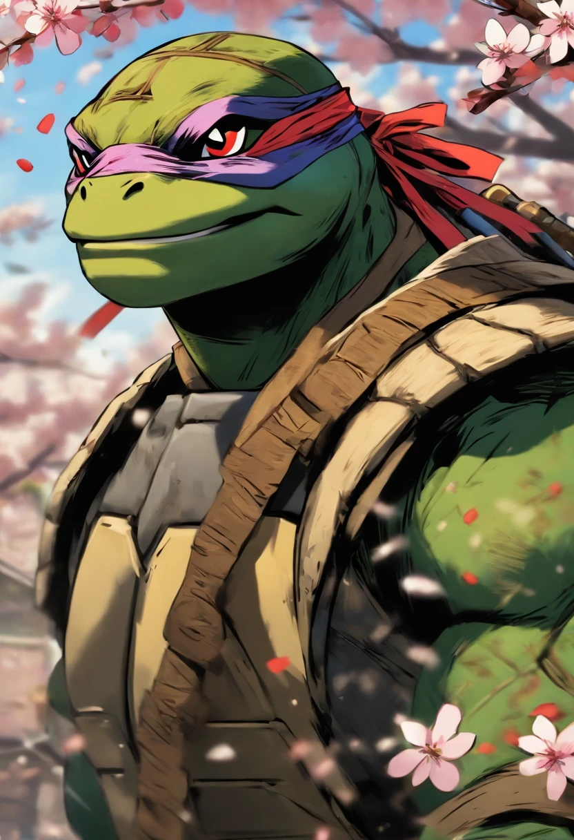 The most brave and noble turtle samurai warrior, blonde hair, blue eyes, incredibly detailed black samurai armor with mounted sashimono war flag, cherry blossoms blowing in the wind, perfect masterpiece, high quality, high resolution,(((TMNT))),