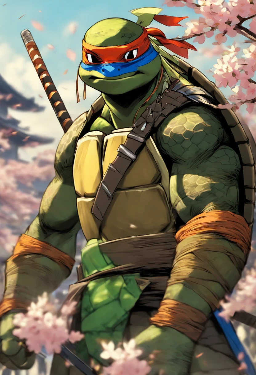 The most brave and noble turtle samurai warrior, blonde hair, blue eyes, incredibly detailed black samurai armor with mounted sashimono war flag, cherry blossoms blowing in the wind, perfect masterpiece, high quality, high resolution,(((TMNT))),
