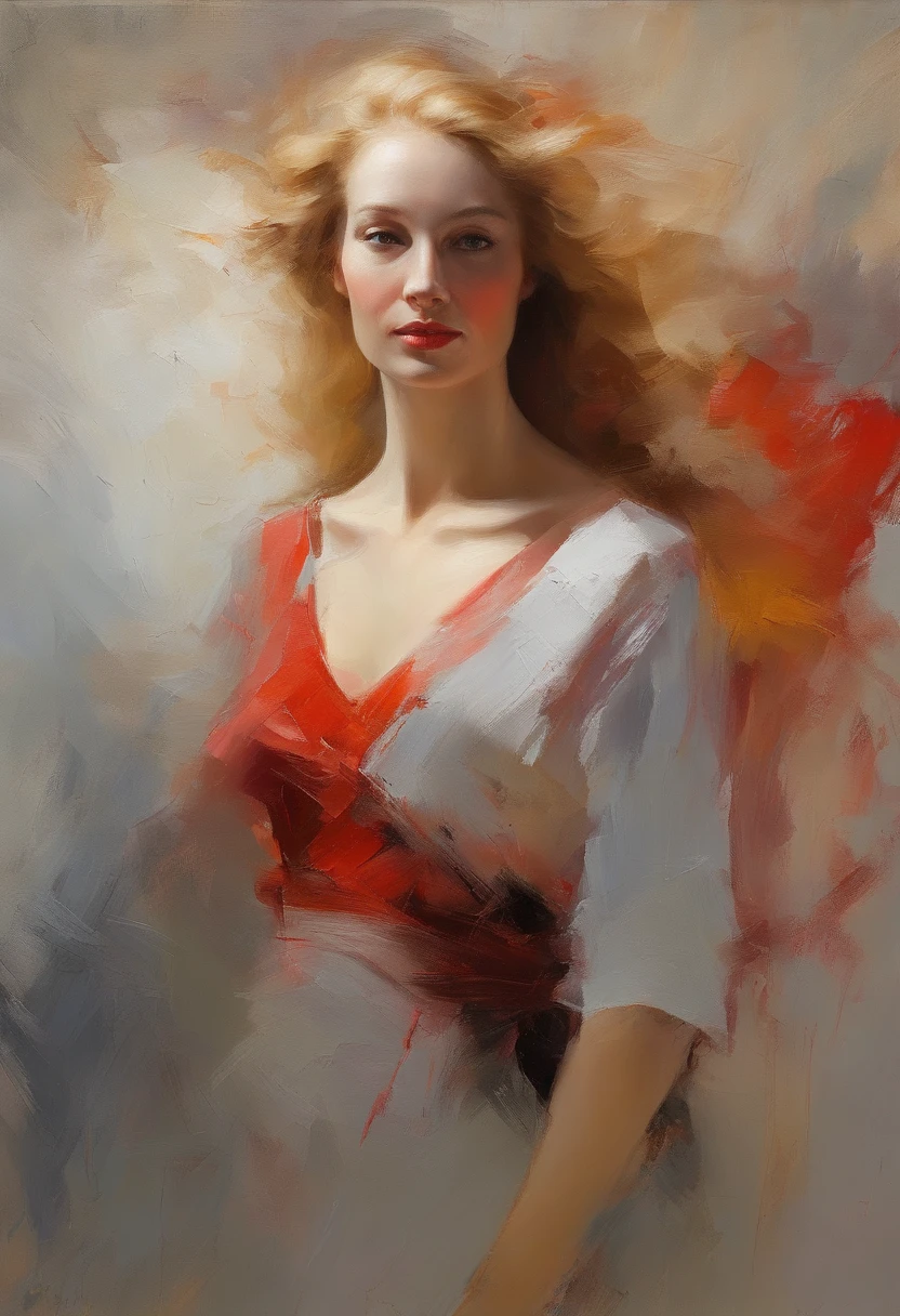 Female portrait, classically beautiful woman, long blond hair, eyes looking at camera, happy, smiling, red dress, acrylic painting, bold and expressive brushwork, impressionistic style, epic surreal background, very heavy brushstrokes with thick textured paint, good lighting and shadows, fine art painting, Wadim Kashin.