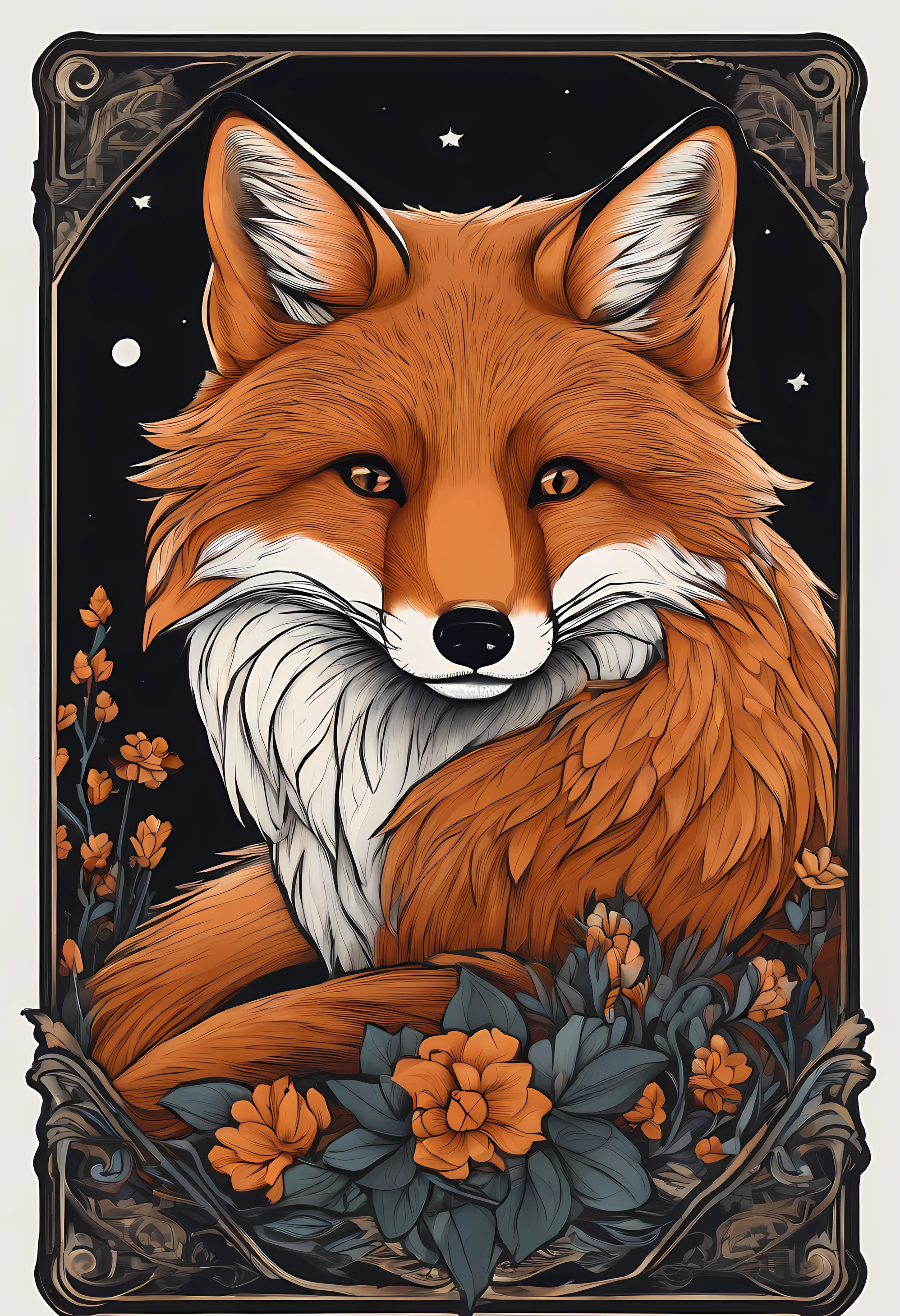 /imagine prompt: fox illustration for a sticker with a black background, in bold outline style, jagged edges, trashcore, light shading --v 5.2