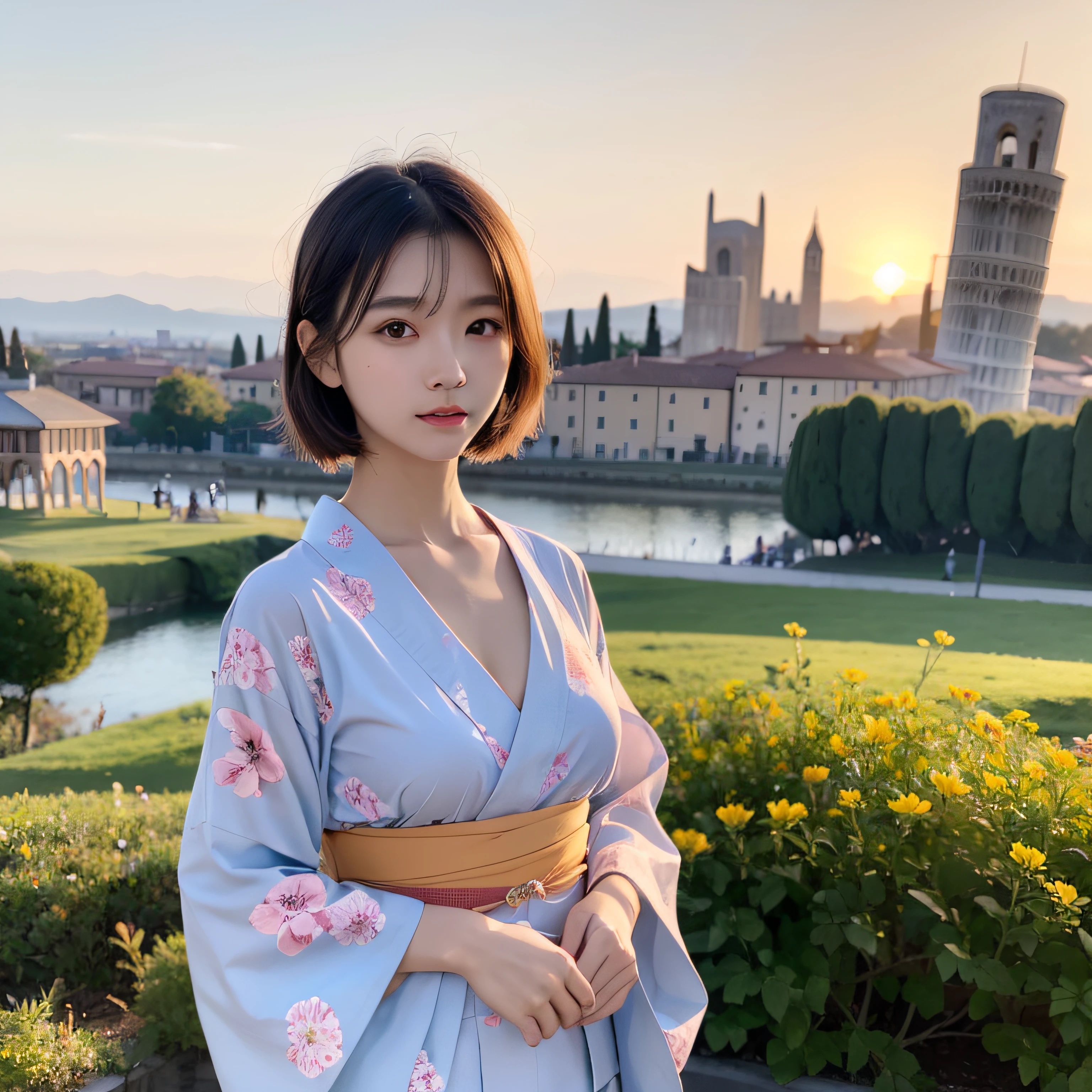 top-quality、8k picture、1 Japan Female、Turning Beauty、Beauty in return、Wearing a yukata with a floral pattern、耳Nipple Ring、slenderbody、tiny chest、Shorthair、A detailed face、With the Leaning Tower of Pisa in the background、fully body photo