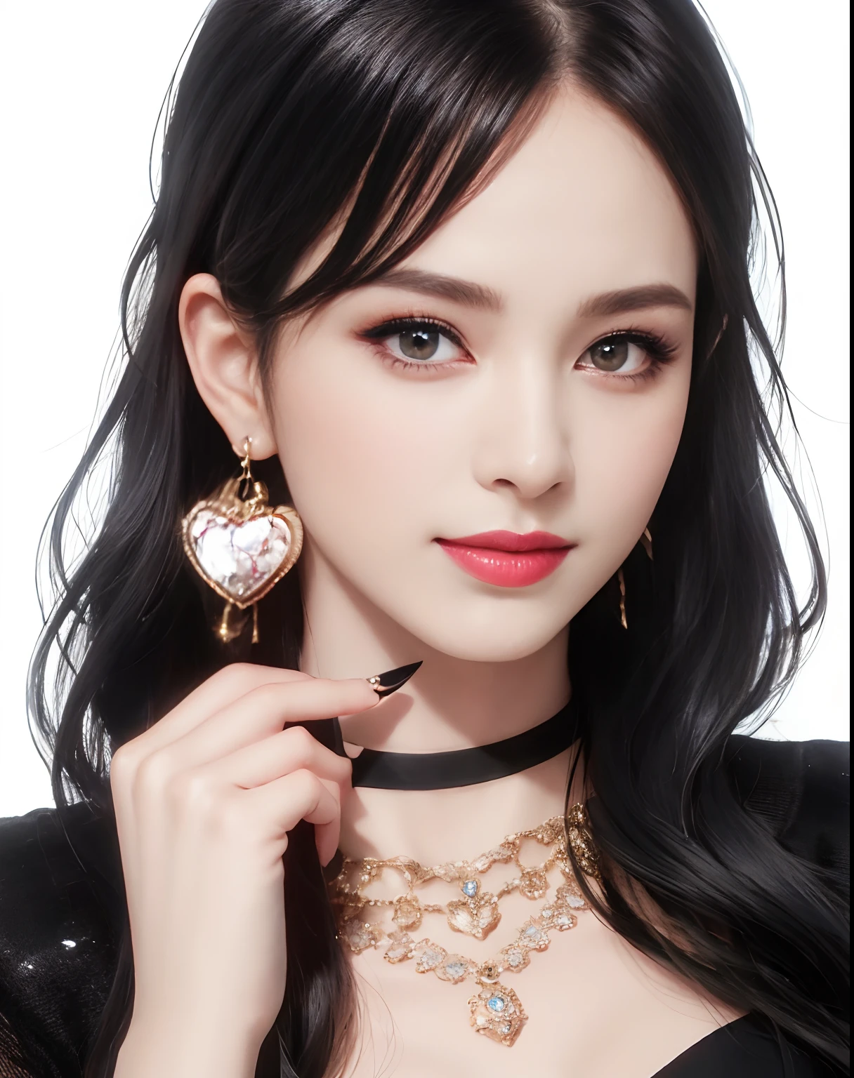 masterpiece,best quality,ultra-detailed,8K,detailed light,detailed shadow,RAW, (detailed skin),(realistic:1.2),
1girl,face,
pilyeon, black nails, jewelry, Long hair, looking at viewer, choker, necklace,piercing, white background, heart, closed mouth, grey eyes, nail polish, simple background, black hair, ear piercing, black choker, smile, eyelashes, lips, hand on own cheek, bangs, bracelet, beads, gem, earrings, fingernails