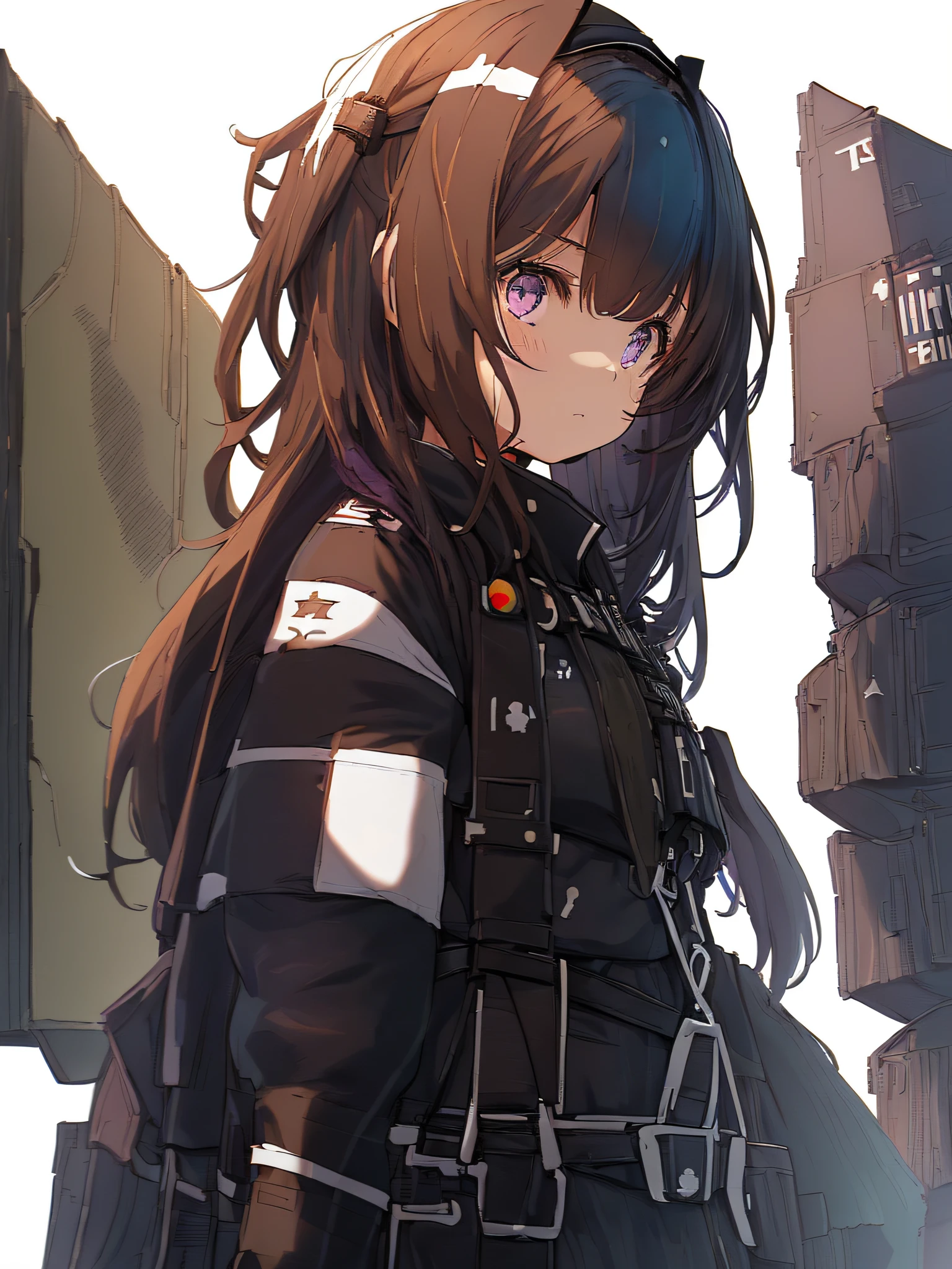 1girl, young girl, solo, a drawing of an android girl, (((loli))), ((short height)), (breasts), (((long brown hair))), ((side parted front hair)), ((purple eyes)), shy expression, (((((black and dark blue military officer uniform))))), ((fighter pilot harness)), ((fighter pilot gear)), ((((((white background)))))), (((no object decorations))), (standing towards viewer), (looking towards viewer), sci-fi, futuristic