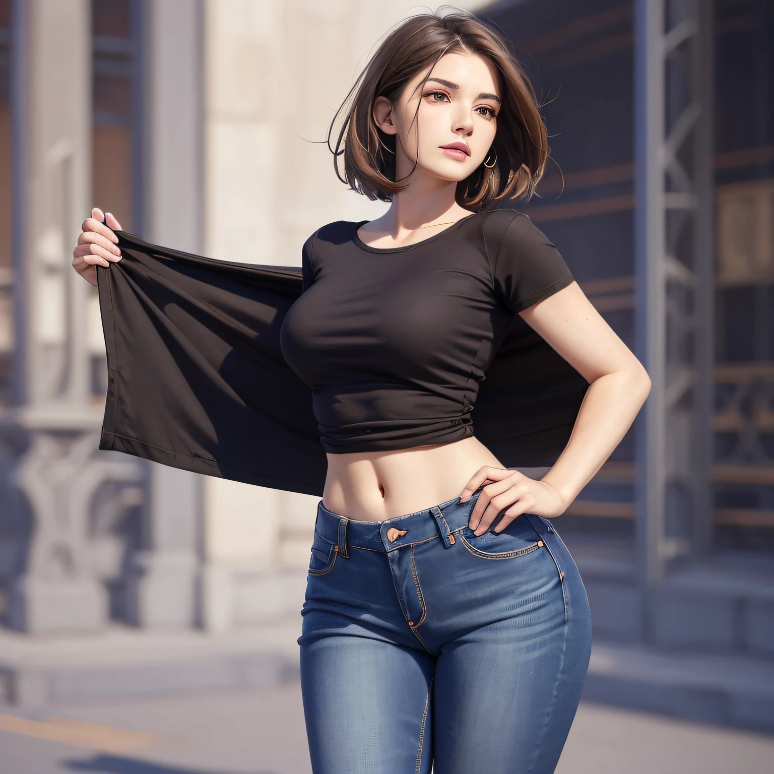 masterpiece, best quality, ultra-detailed),(1girl), blue eyes, long hair, brunette, dynamic angle, dynamic pose, natural lighting, floating, (white top:1.2|black top), (jeans:1.2|leather pants:0.9), (silver bracelet:1.2|watch), (natural background:0.8|cityscape), (smiling:0.8|serious expression), (highlight on hair), too many drops of water:0.8