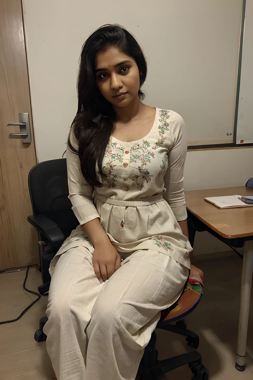 ((Basic Resolution)),((clicked from mobile phone camera
)), (( 8 mega pixel camera)), Indian girl, teacher , thick figure, skinny waist and thick hips, wearing cotton kurta and salwar, floral kurta, inexpensive clothes,perfect face, fair skin,sincere, teaching, cheap coaching institute, sitting on teacher's chair, wooden chair,basic classroom,patna city, Bihar,