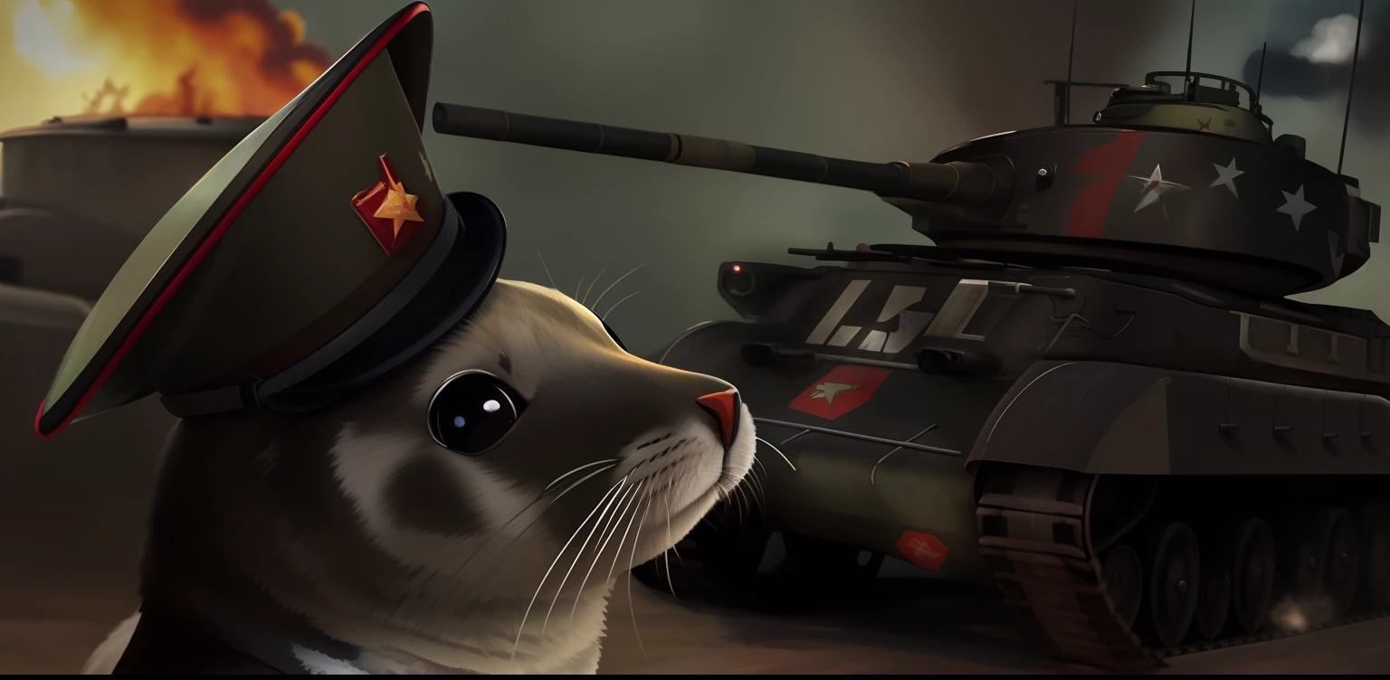 There is a seal wearing a military hat and a tank, hamsters segurando fuzis, Pepe, os sapos em guerra, gato blindado, Pokémon fighting in WW2, meme do reddit, tank has a large solid cannon, Rato na floresta, Modelo de meme, Imagens de guerra, tanque, Jogo de War Thunder, iron hearts portrait style, ( ( ( soviet tank ) ) )