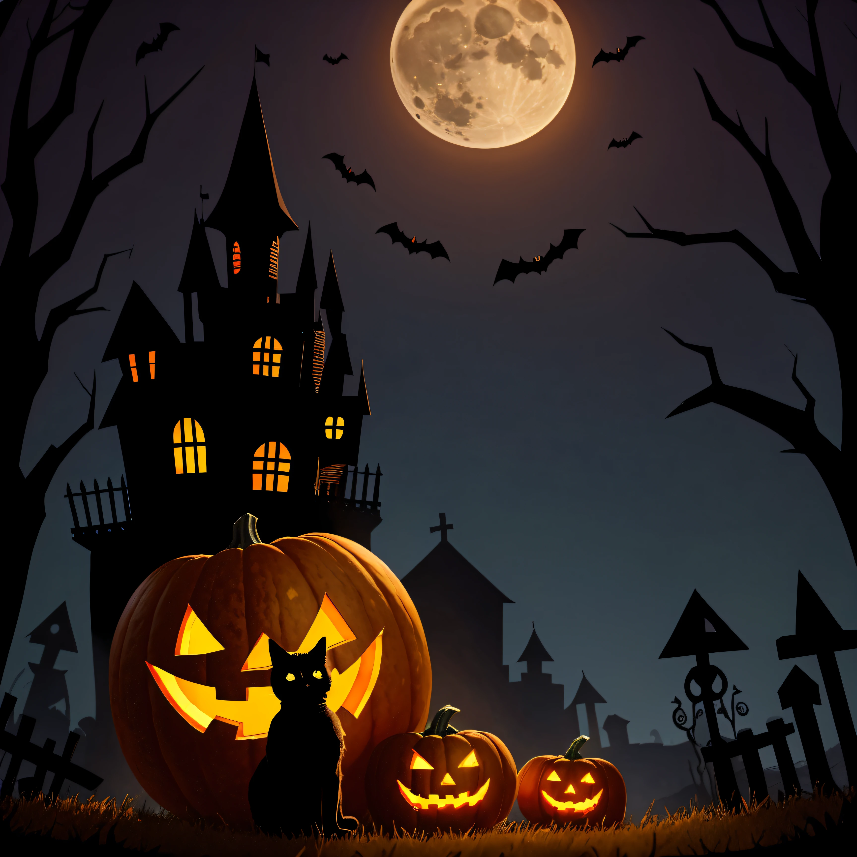 ((realistic,digital art)), (hyper detailed),donmcr33pyn1ghtm4r3xl Whispering Retro Halloween Headless Horseman Pumpkin Patch Candy Apples Black Cats Wicked Chuckle Skull-shaped Candles Spider Silhouettes Decorating Homes and Yards, <lora:Creepy_Nightmare-000014XL:1>
