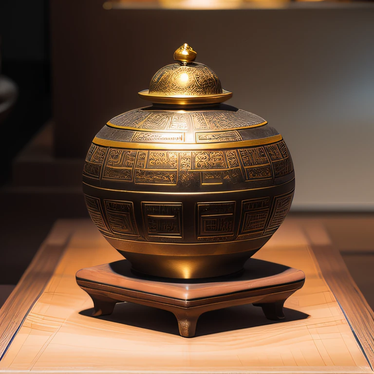 Antique artifacts，The bottle is placed on a boxwood table，Total height 28 cm，There is a lid on it，The buckle is tight，This golden shape, Platinum, Copper bottle，It resembles a copper cleaning bottle unearthed by the shrine monk Tataki，It can be concluded that it is a relic of the Tang Dynasty，Full work, Full of patterns, No text，Forged hammer pattern，Big belly，oguchi，sedate，massiness，Shiny and warm