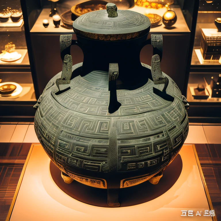 Antique artifacts，The bottle is placed on a boxwood table，Total height 28 cm，There is a lid on it，The buckle is tight，This golden shape, Platinum, Copper bottle，It resembles a copper cleaning bottle unearthed by the shrine monk Tataki，It can be concluded that it is a relic of the Tang Dynasty，Full work, Full of patterns, No text，Forged hammer pattern，Big belly，oguchi，sedate，massiness，Shiny and warm