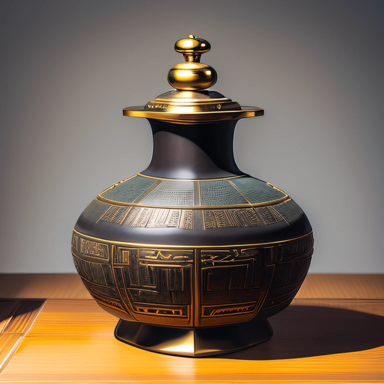 Antique artifacts，The bottle is placed on a boxwood table，Total height 28 cm，There is a lid on it，The buckle is tight，This golden shape, Platinum, Copper bottle，It resembles a copper cleaning bottle unearthed by the shrine monk Tataki，It can be concluded that it is a relic of the Tang Dynasty，Full work, Full of patterns, No text，Forged hammer pattern，Big belly，oguchi，sedate，massiness，Shiny and warm