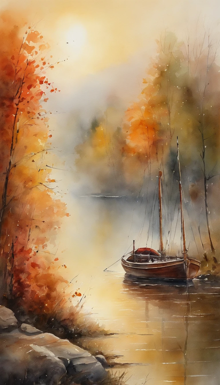 tmasterpiece, Top Quality, hoog detail, Impressionism, Autumn Morning, Cruise along the lake in the morning mist, haze, Cinematic light,
