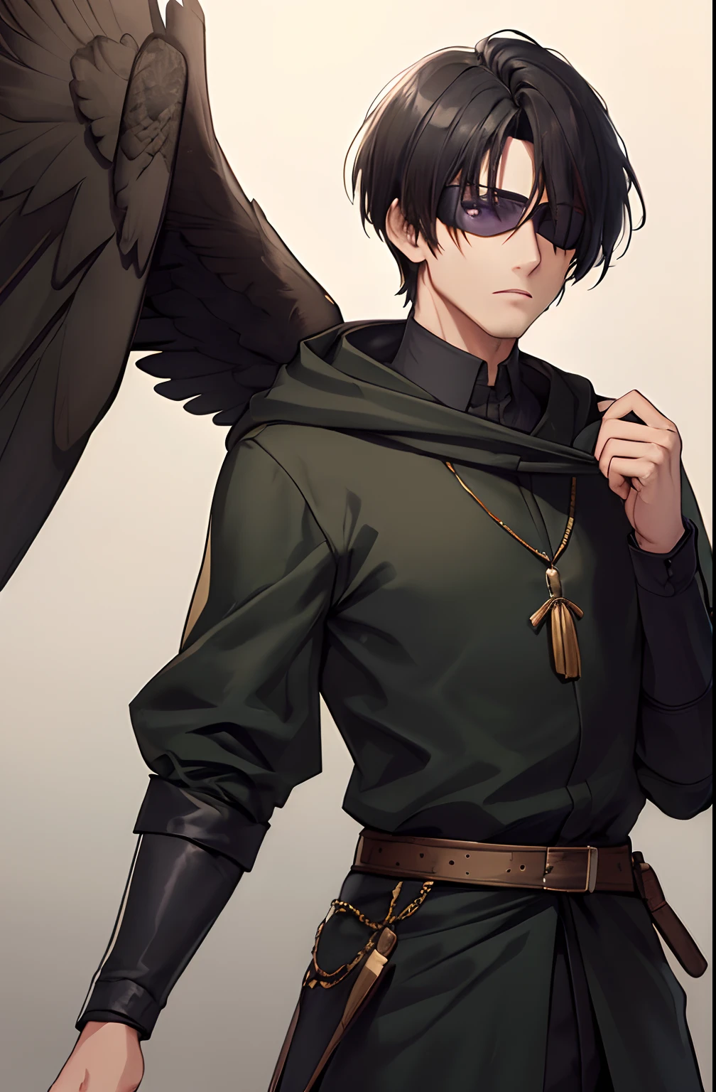 kk, best quality, more details, masterpiece, 1man, 30 years old, male focus, solo, black background, bangs,  Eagle bird symbol on background, An assassin man in a black hooded suit, eye mask, purple eyes, eyes emit lightsharp look, short hair, black hair, looking at viewer, luxurious, 8k, detailed, ray tracing, depth of field, cinematic lighting, brown and green, Simple green lines, simplified.