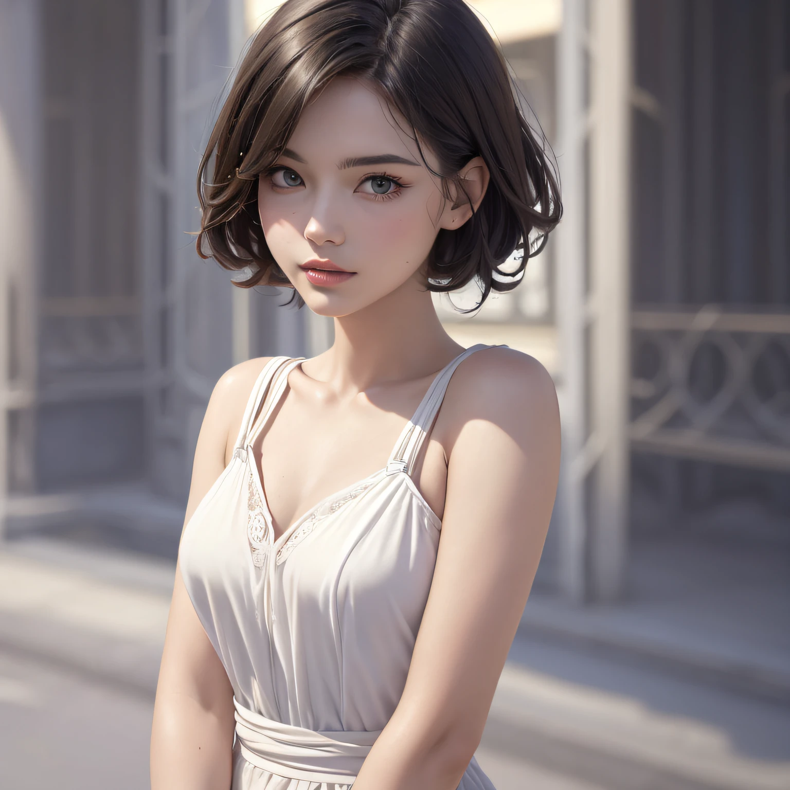 (((masterpiece, best quality, ultra highres, 1 girl, solo, no background))), super detailed skin and face and eyes and finger, beautiful japanese woman, small breasts:1.5, skinny, light brown hair, very short pixie hair, cowboy shot, The background should be simple, outline, anime, 2d, boyish, expressionless, cartoon, (A long dress made of very dense towel fabric.:1.3, strapless),