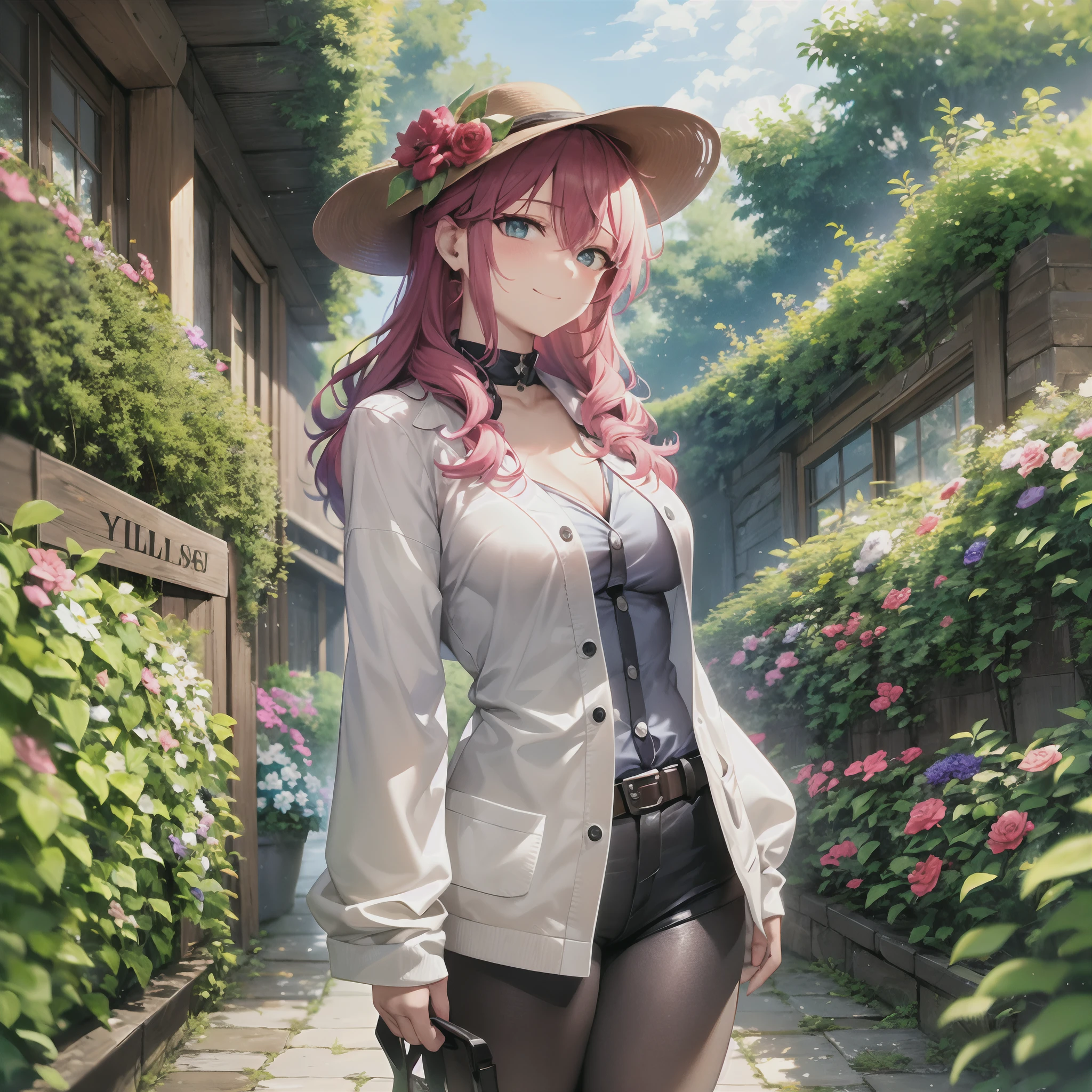 masterpiece, top-quality, absurderes, perfect anatomia, 1girl in, 独奏, feldt grace, cowboy shot, is standing, A smile, Ashamed, Beautiful flower garden、feldt grace