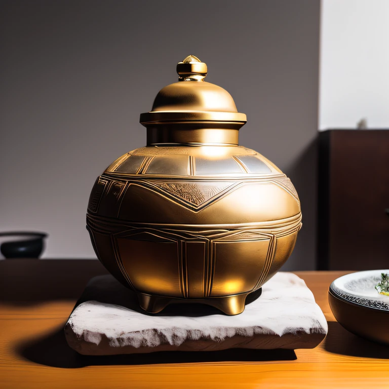 Antique artifacts,The bottle is placed on a boxwood table,Total height 28 cm,There is a lid on it,The buckle is tight,The shape of this gold, platinum, copper bottle,It resembles a copper cleaning bottle unearthed by the shrine monk Tataki,It can be concluded that it is a relic of the Tang Dynasty,Full work, Full of patterns, No text,Forged hammer pattern,Big belly,oguchi,sedate,massiness,Shiny and warm